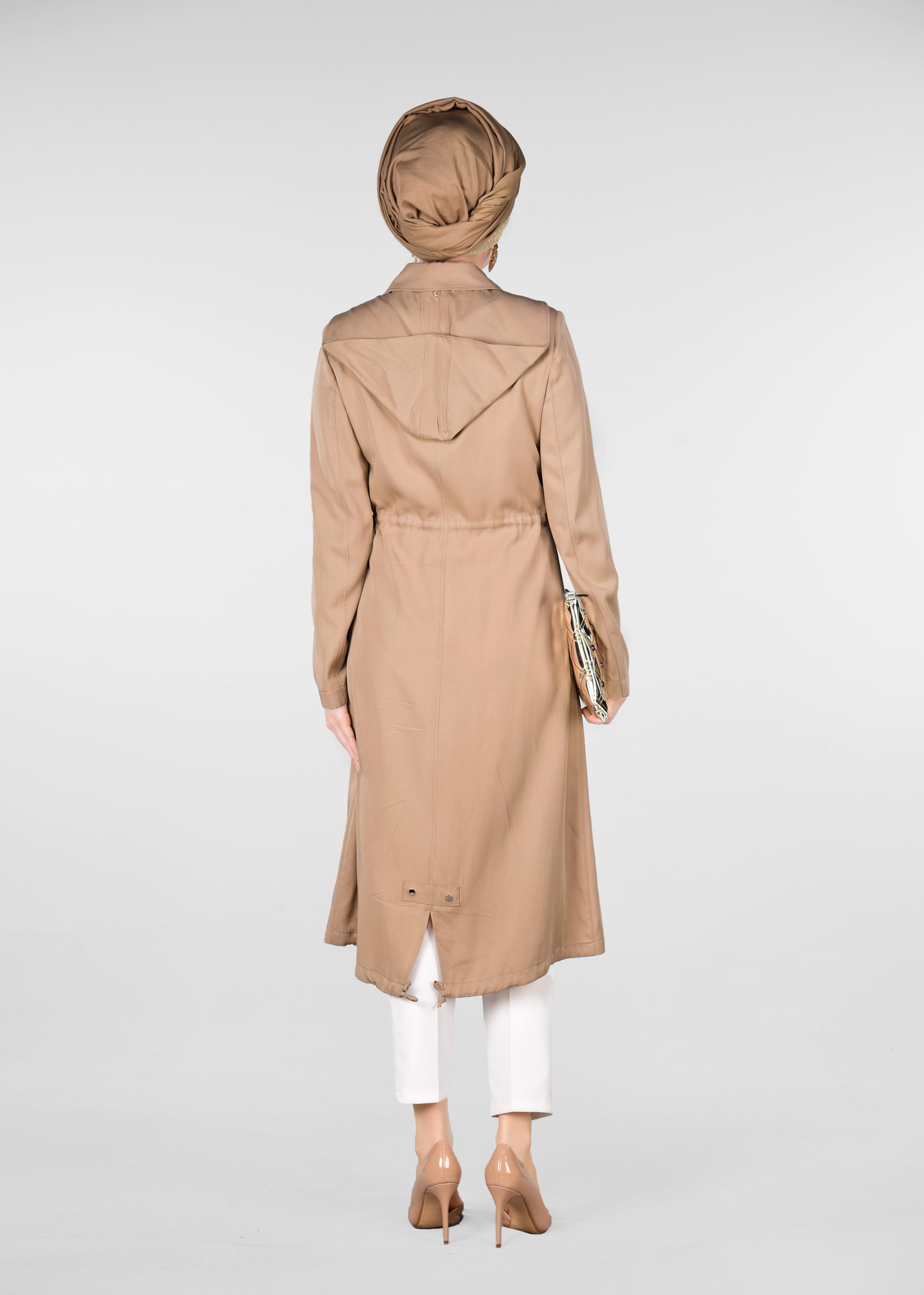 Tesettür giyim KAHVE BEL KISMI BÜZGÜLÜ ARMALI TRENÇKOT 1191