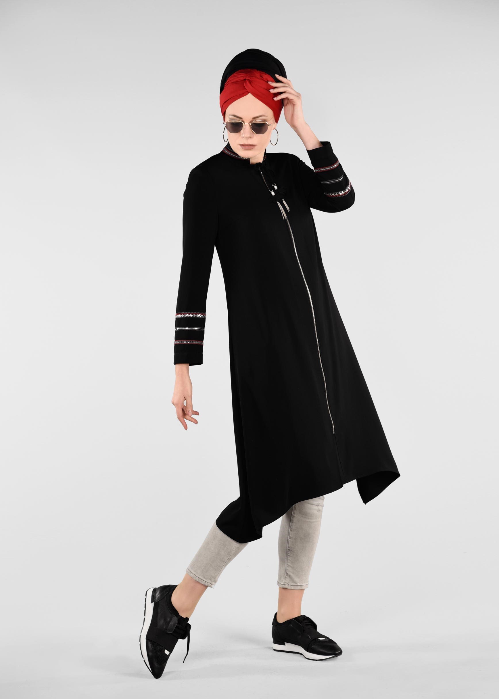 Tesettür giyim SİYAH PUL PAYET DETAYLI FERMUARLI TRENÇKOT 1196