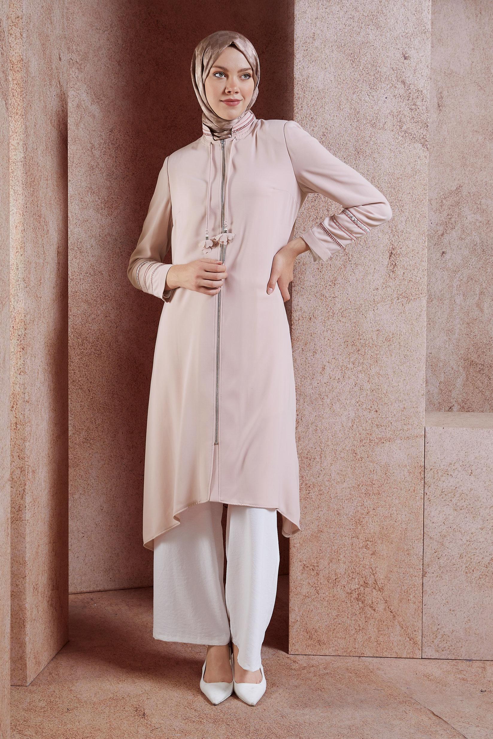 Tesettür giyim PUDRA PUL PAYET DETAYLI FERMUARLI TRENÇKOT 1196