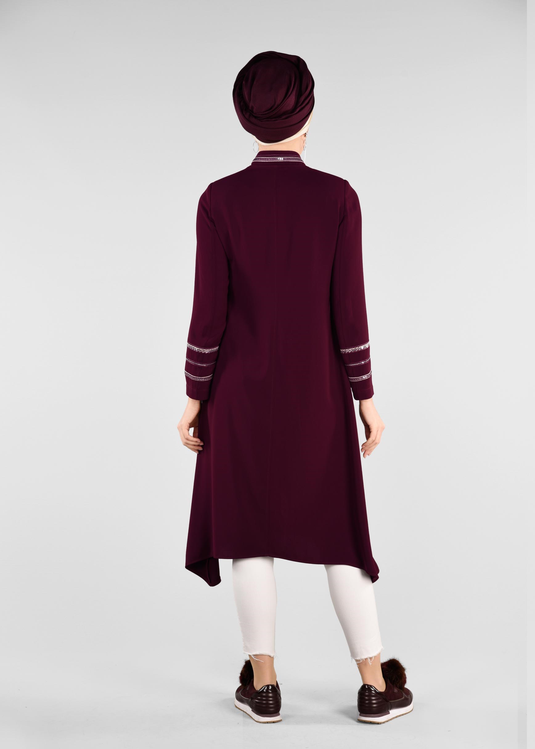 Tesettür giyim BORDO PUL PAYET DETAYLI FERMUARLI TRENÇKOT 1196