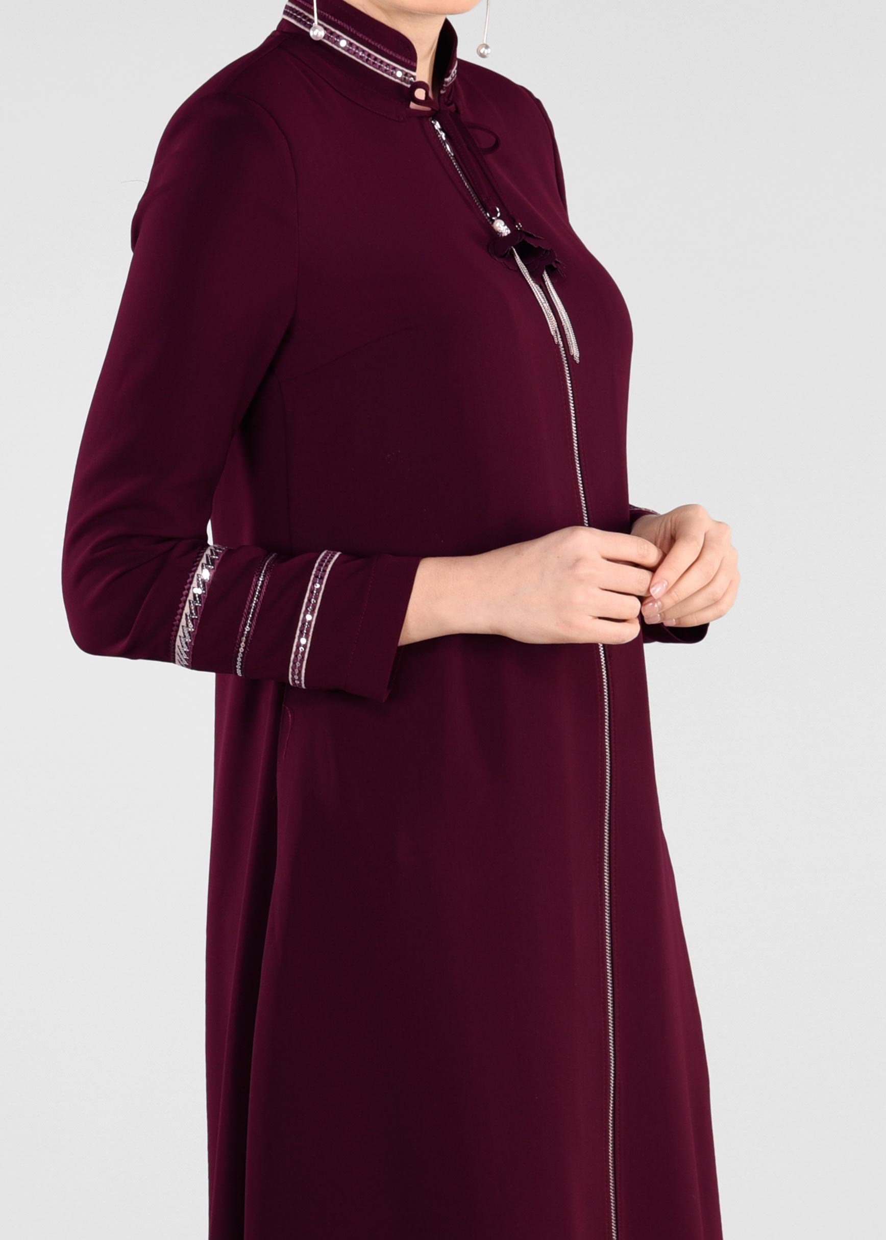 Tesettür giyim BORDO PUL PAYET DETAYLI FERMUARLI TRENÇKOT 1196