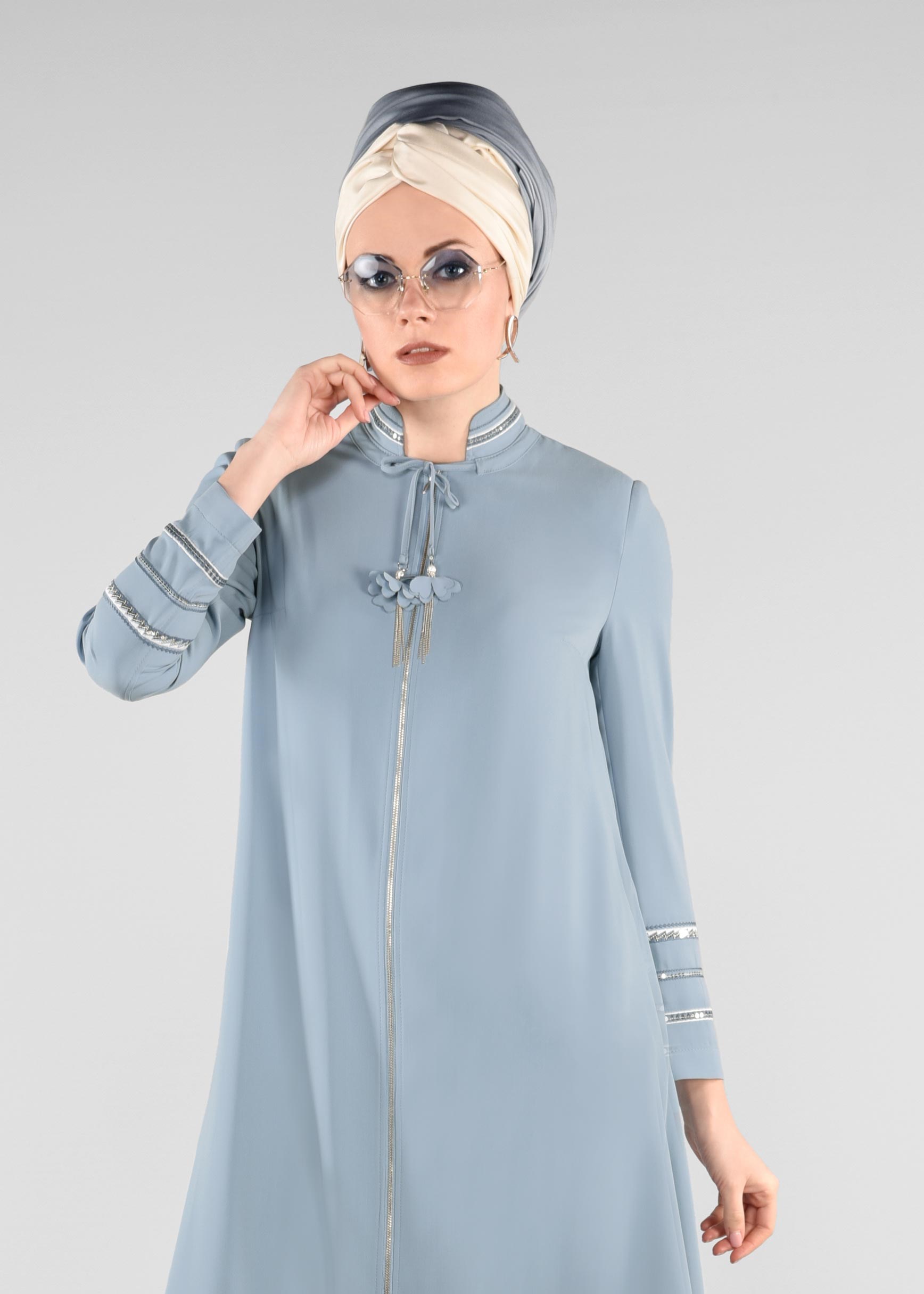 Tesettür giyim MAVİ PUL PAYET DETAYLI FERMUARLI TRENÇKOT 1196