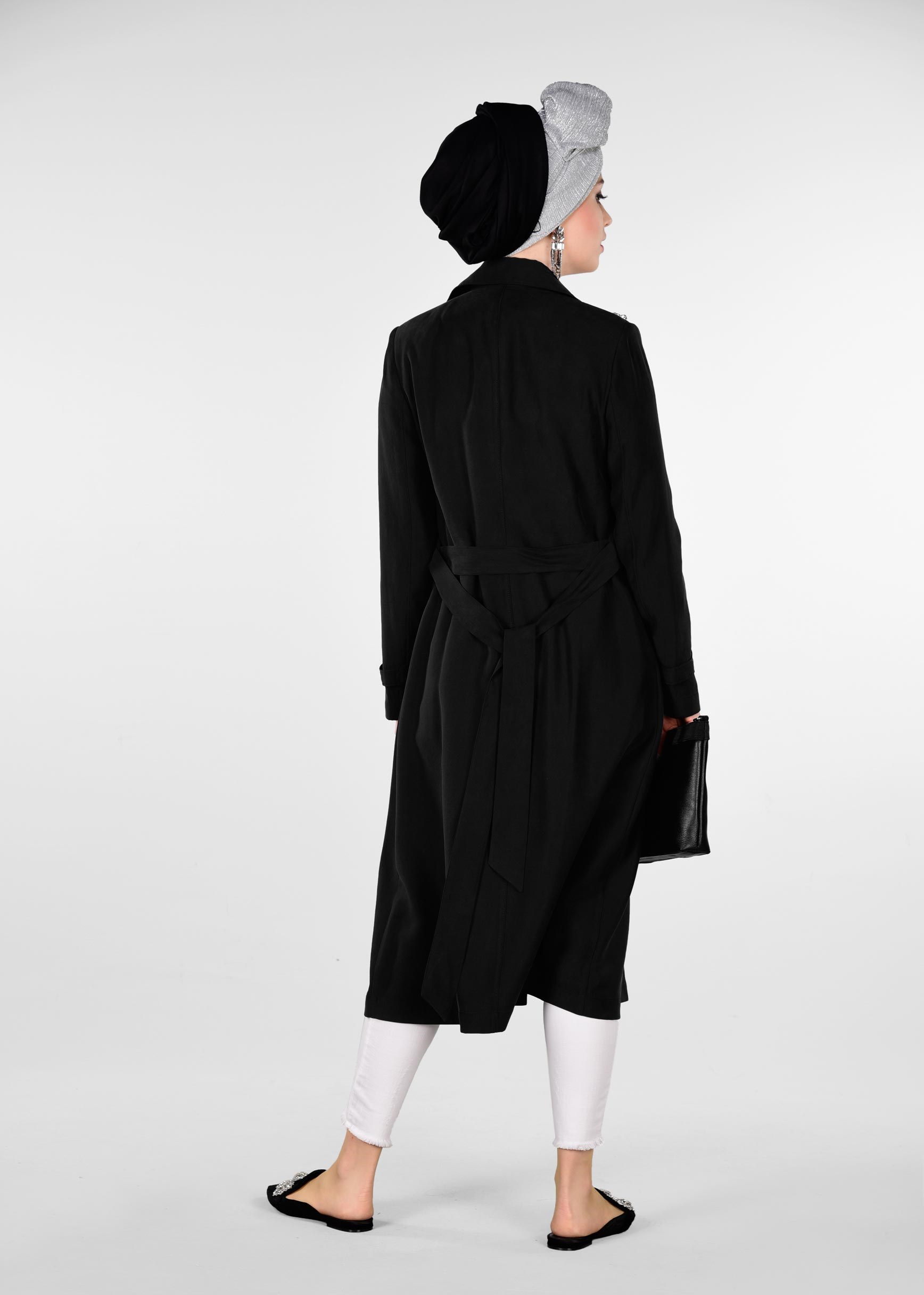 Tesettür giyim SİYAH KUŞAKLI BONCUK İŞLEMELİ TRENÇKOT 1214