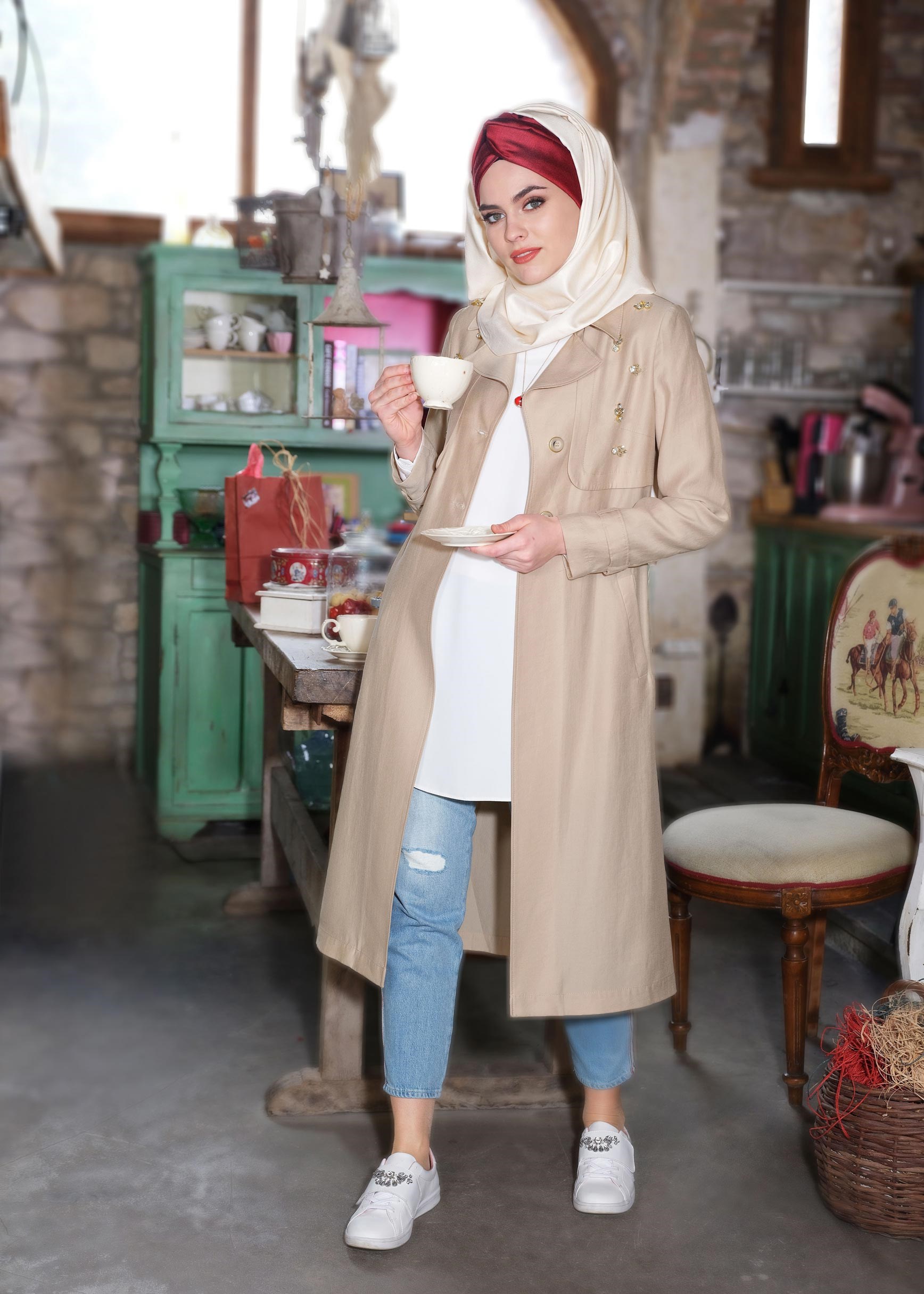 Hijab clothing BEIGE BELTED BEADED TRENCH-COAT 1214