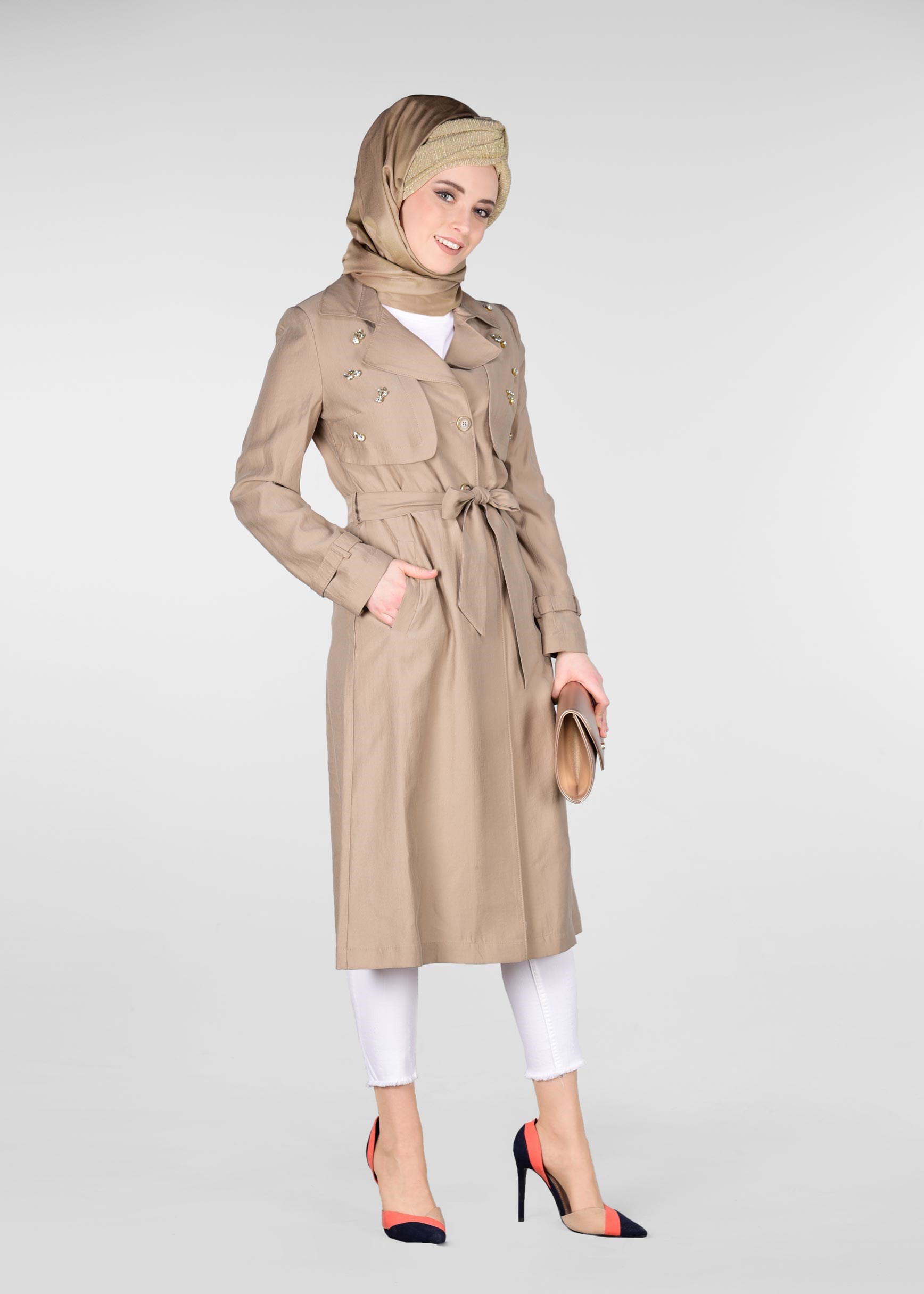 Tesettür giyim KAHVE KUŞAKLI BONCUK İŞLEMELİ TRENÇKOT 1214