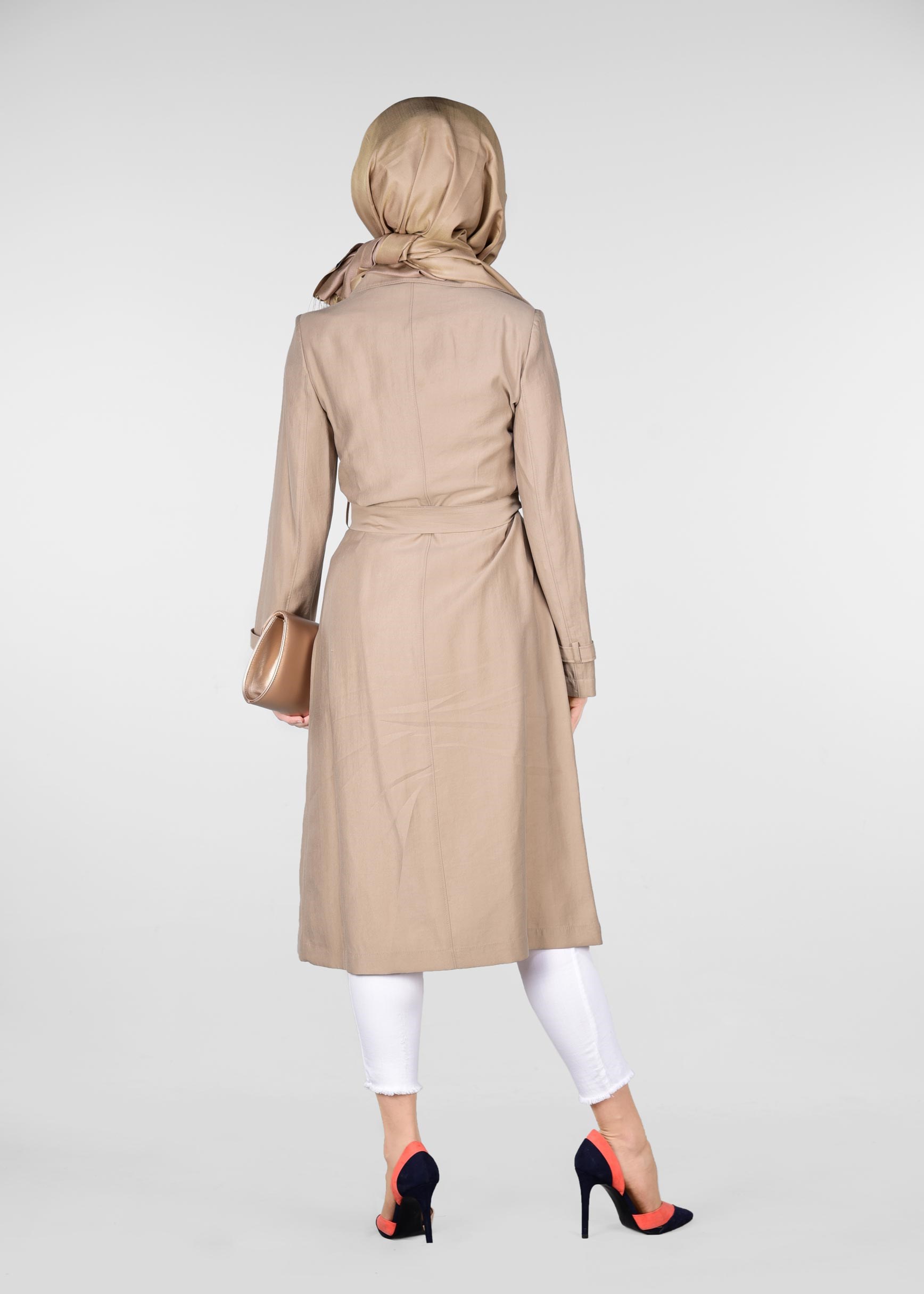 Tesettür giyim KAHVE KUŞAKLI BONCUK İŞLEMELİ TRENÇKOT 1214