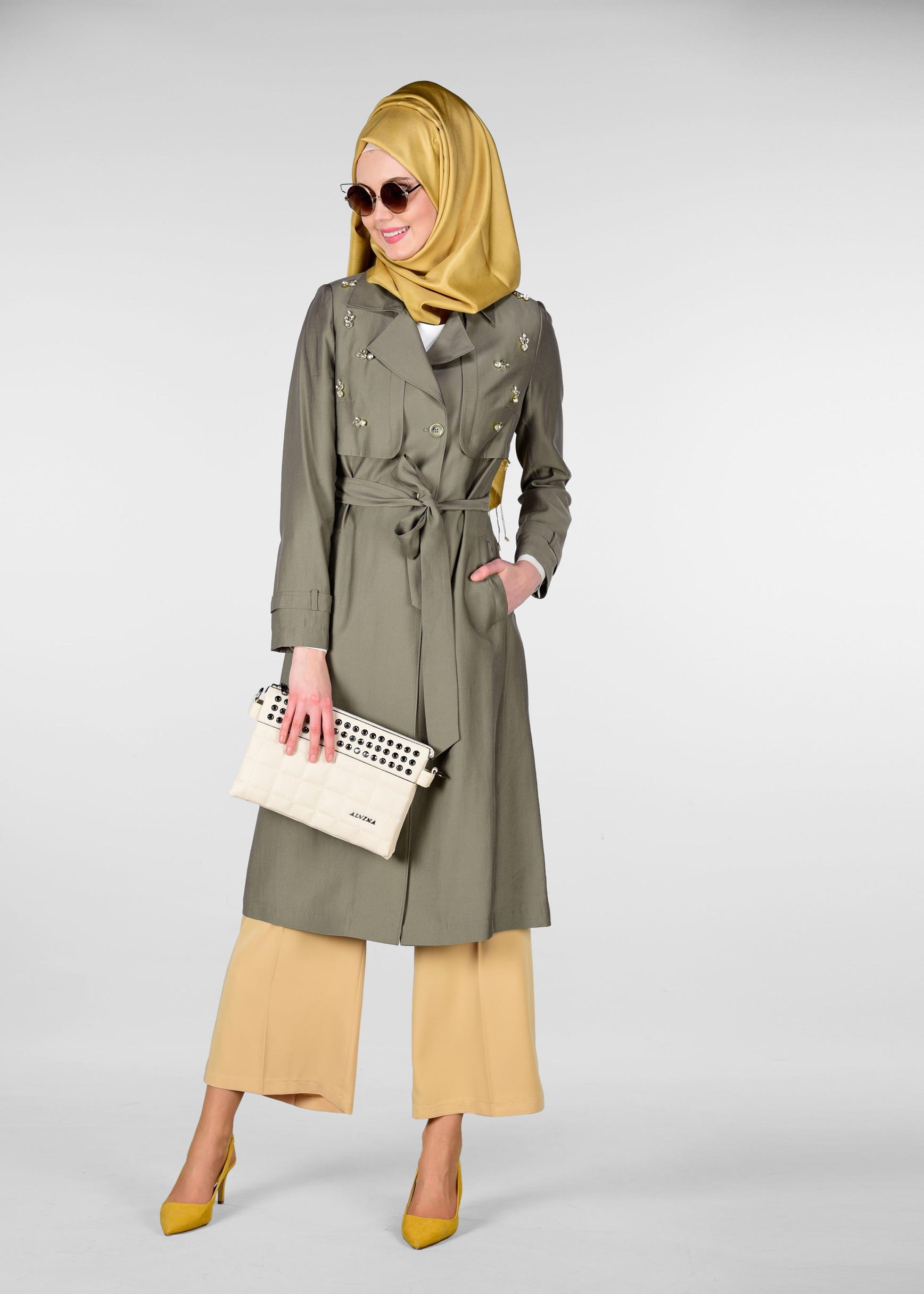 Tesettür giyim HAKİ KUŞAKLI BONCUK İŞLEMELİ TRENÇKOT 1214