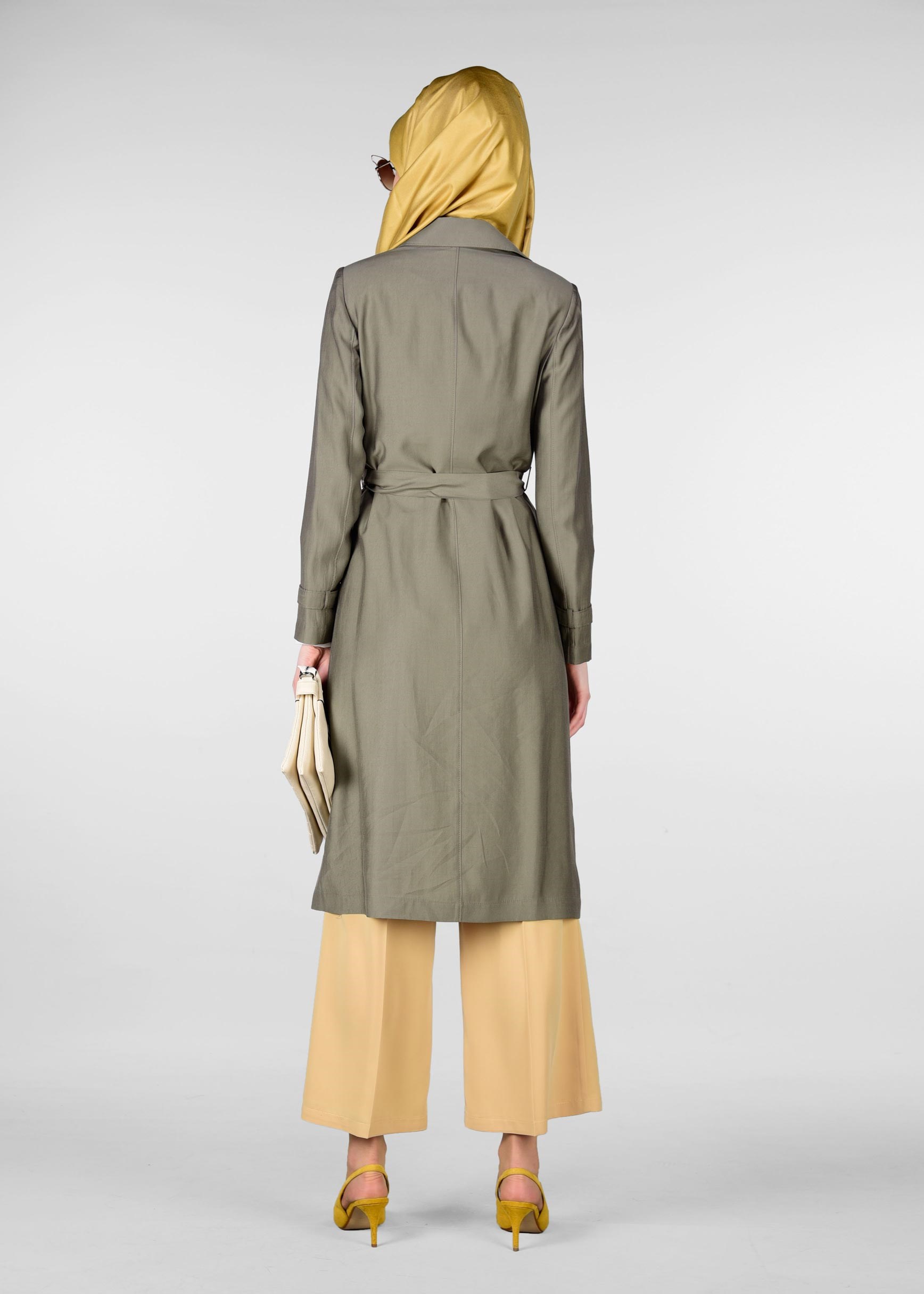 Tesettür giyim HAKİ KUŞAKLI BONCUK İŞLEMELİ TRENÇKOT 1214