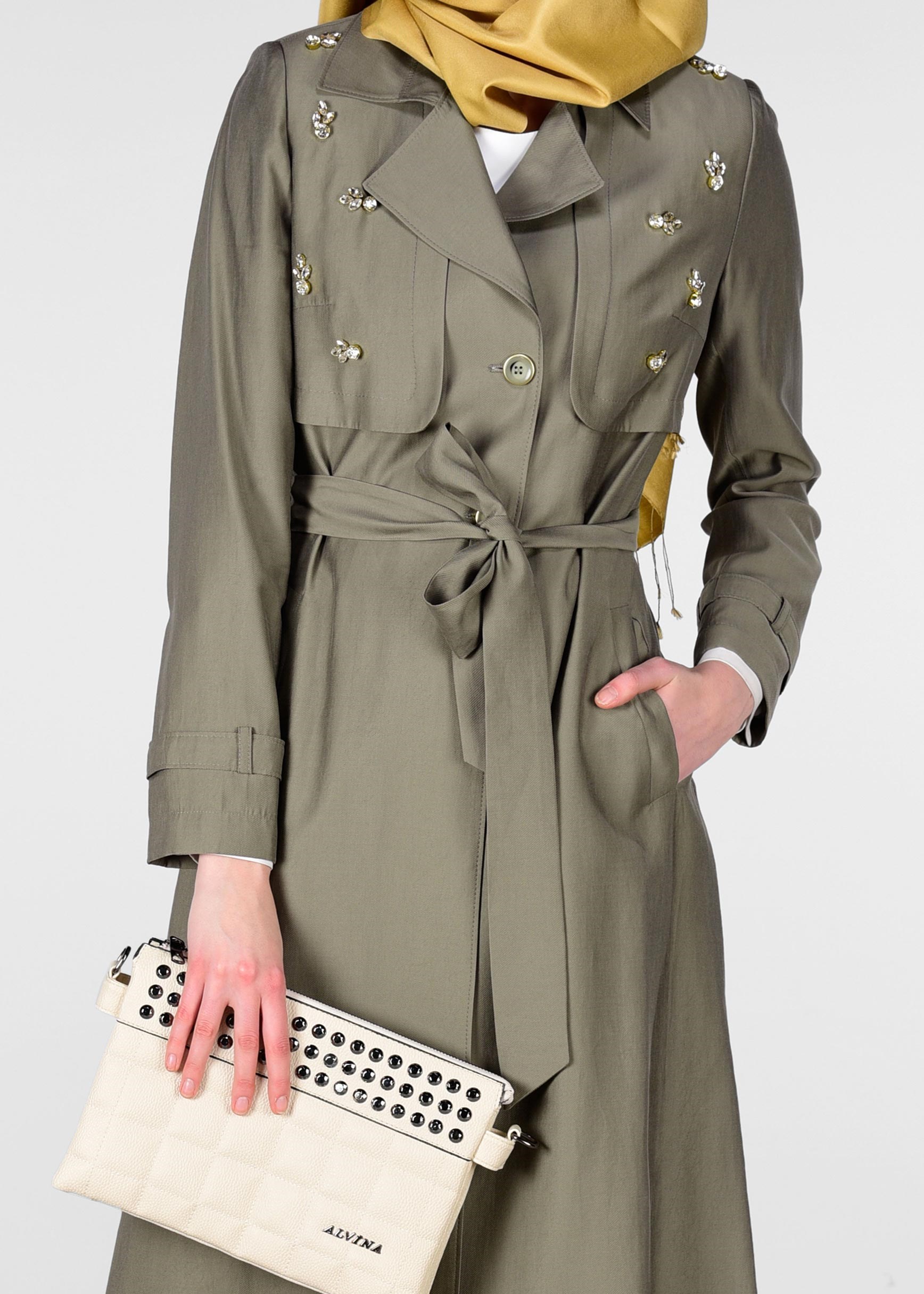 Tesettür giyim HAKİ KUŞAKLI BONCUK İŞLEMELİ TRENÇKOT 1214