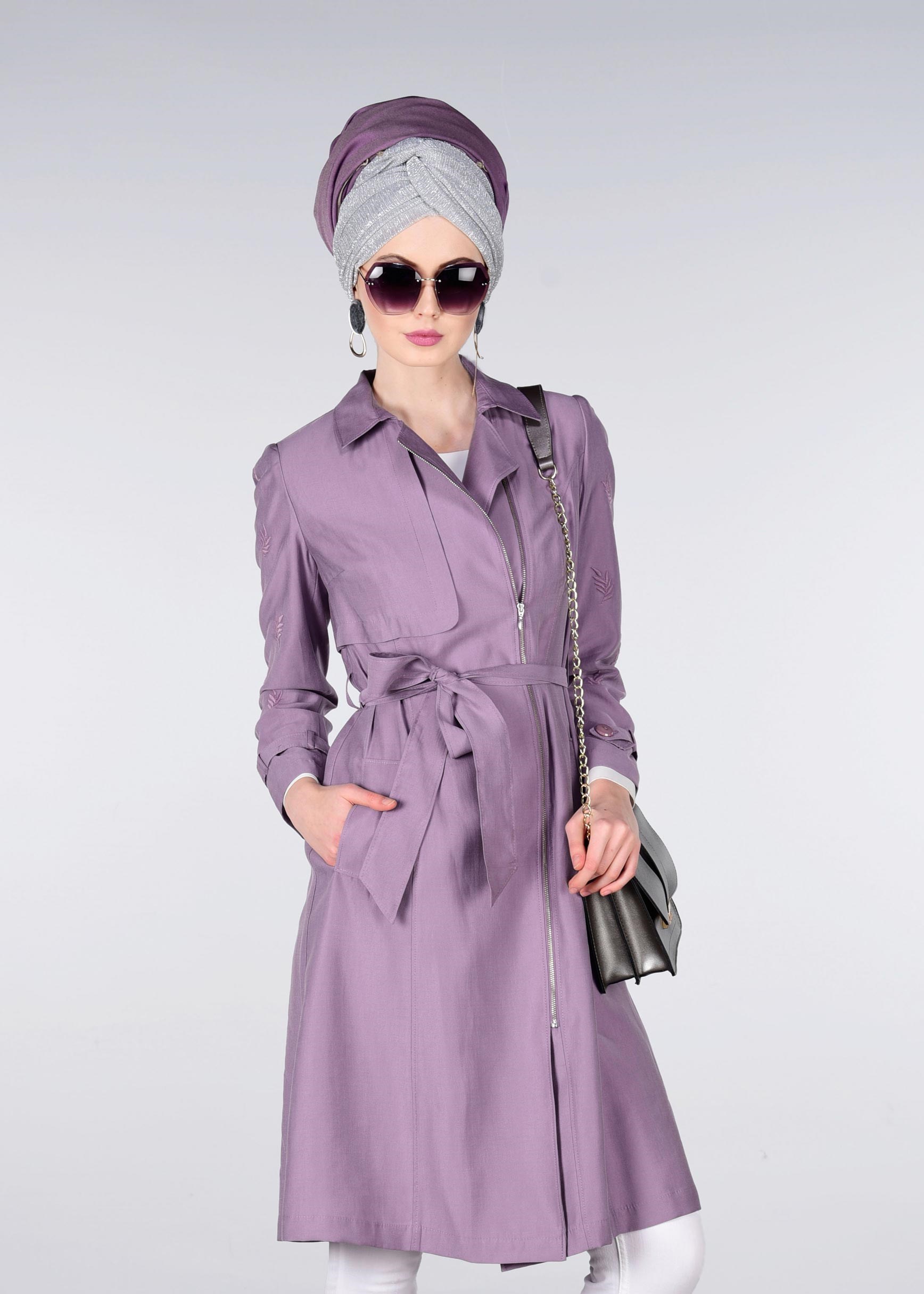 Tesettür giyim MOR NAKIŞLI TRENÇKOT 1215