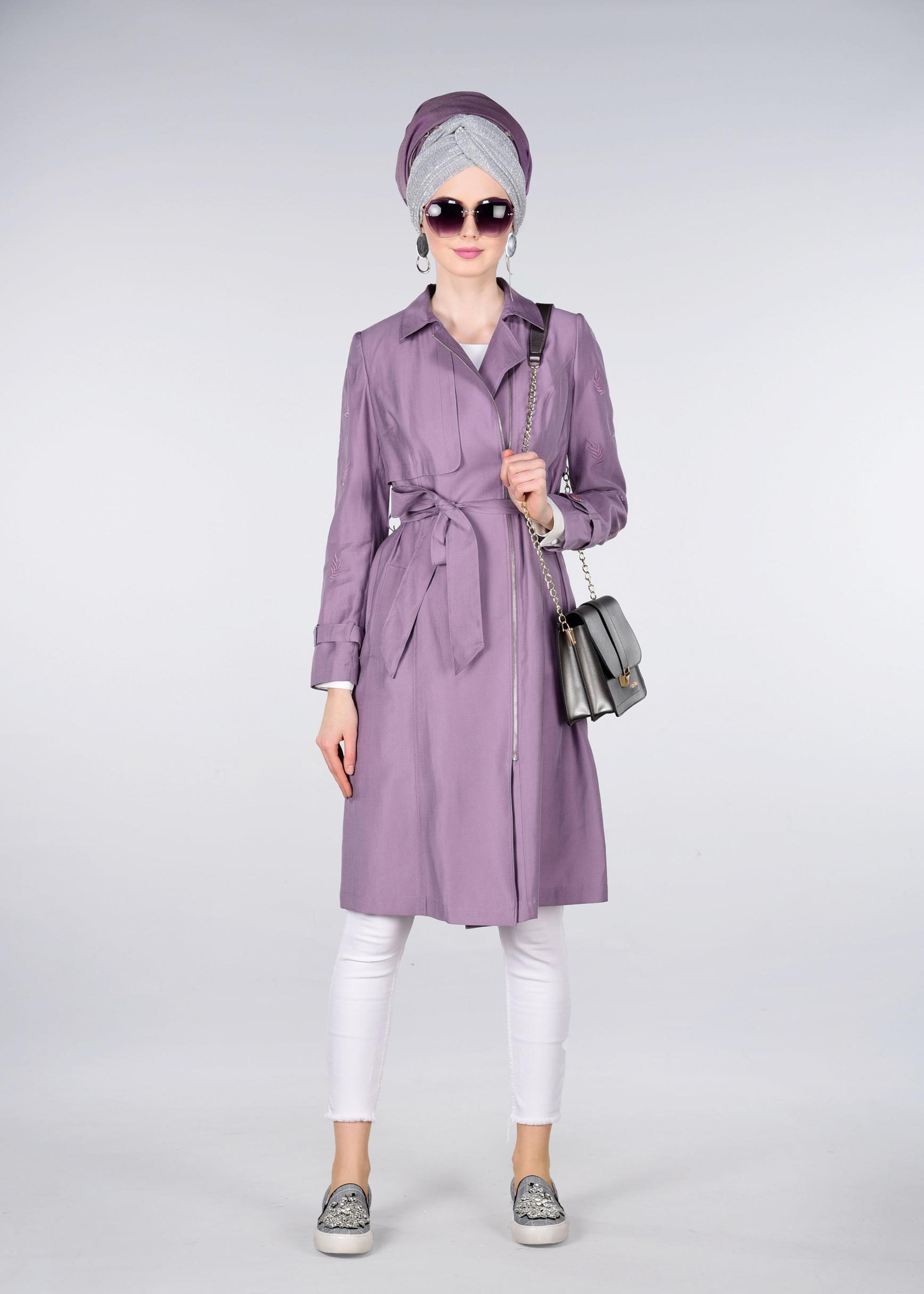 Tesettür giyim MOR NAKIŞLI TRENÇKOT 1215