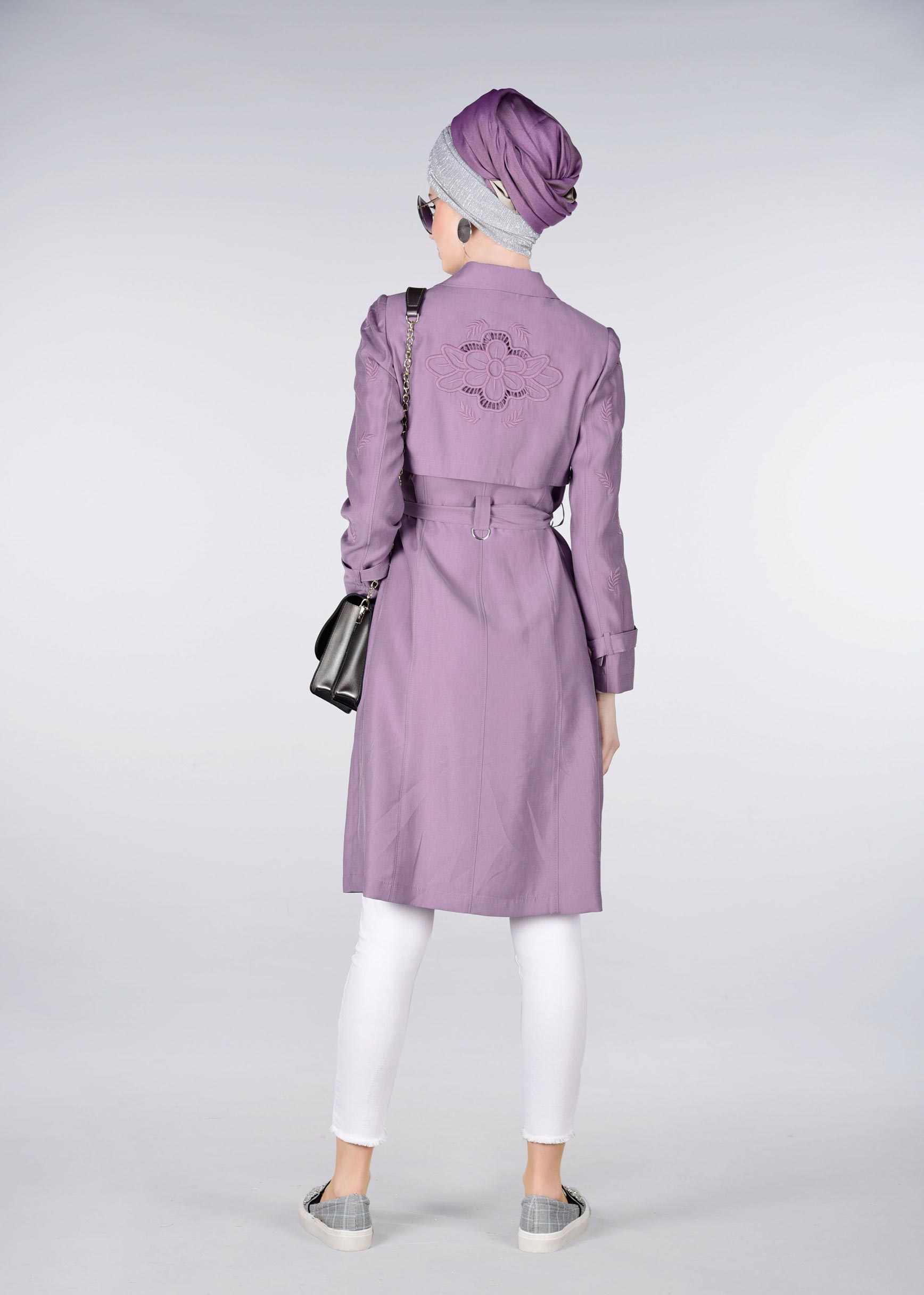 Tesettür giyim MOR NAKIŞLI TRENÇKOT 1215