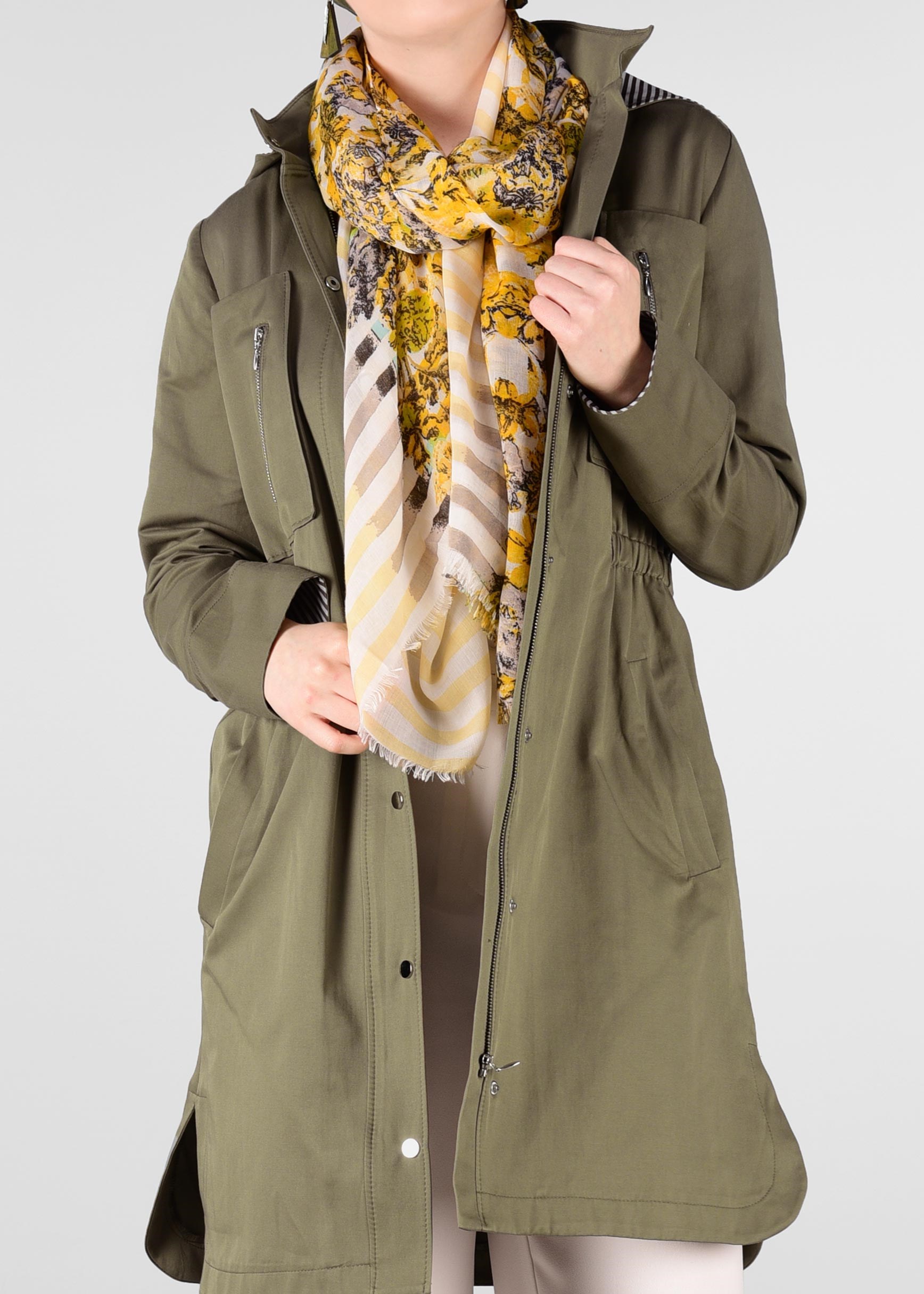 Tesettür giyim HAKİ KAPÜŞONLU BELİ BÜZGÜLÜ TRENÇKOT 1217