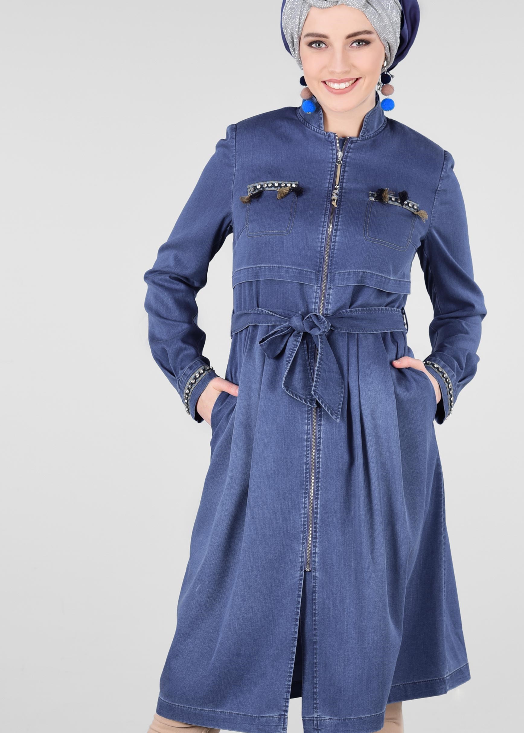Tesettür giyim LACİVERT FERMUARLI DENİM TRENÇKOT 1219