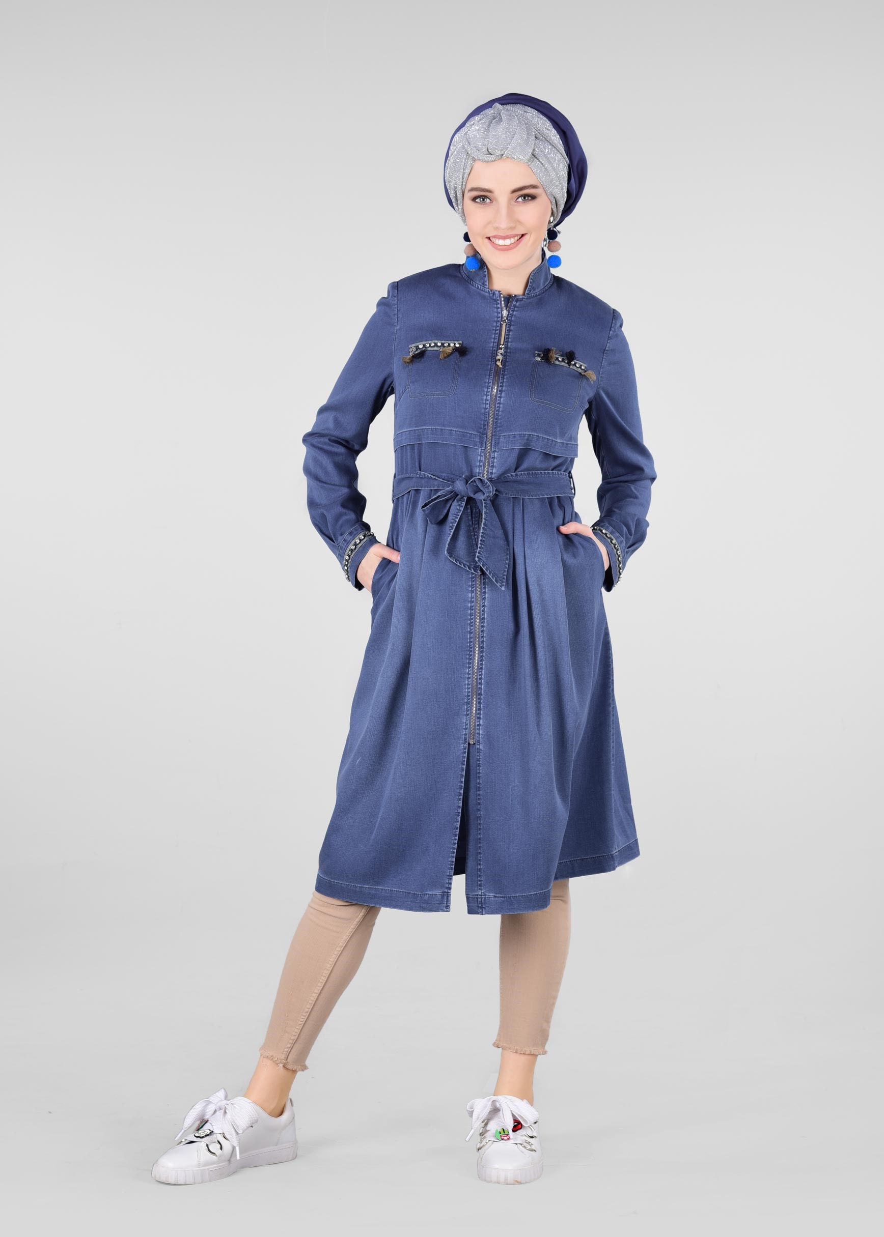 Tesettür giyim LACİVERT FERMUARLI DENİM TRENÇKOT 1219