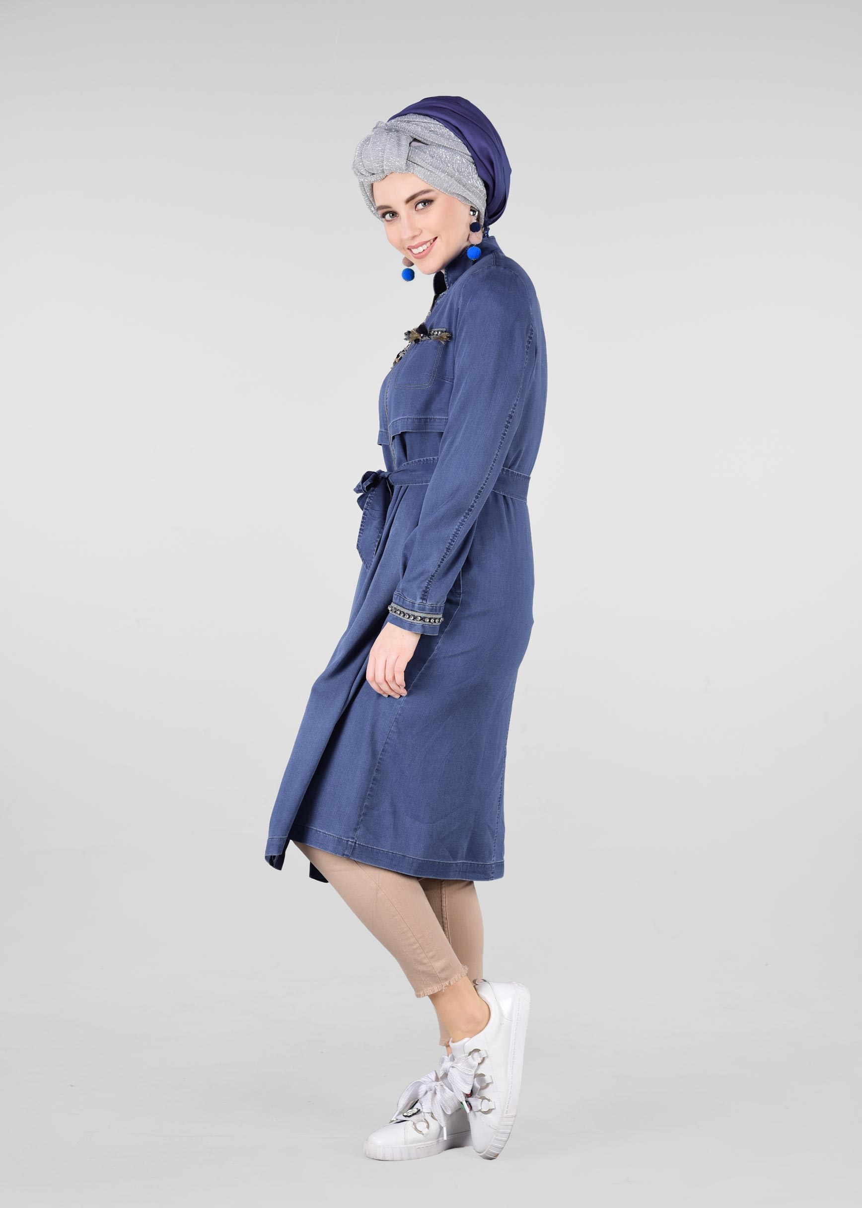 Tesettür giyim LACİVERT FERMUARLI DENİM TRENÇKOT 1219
