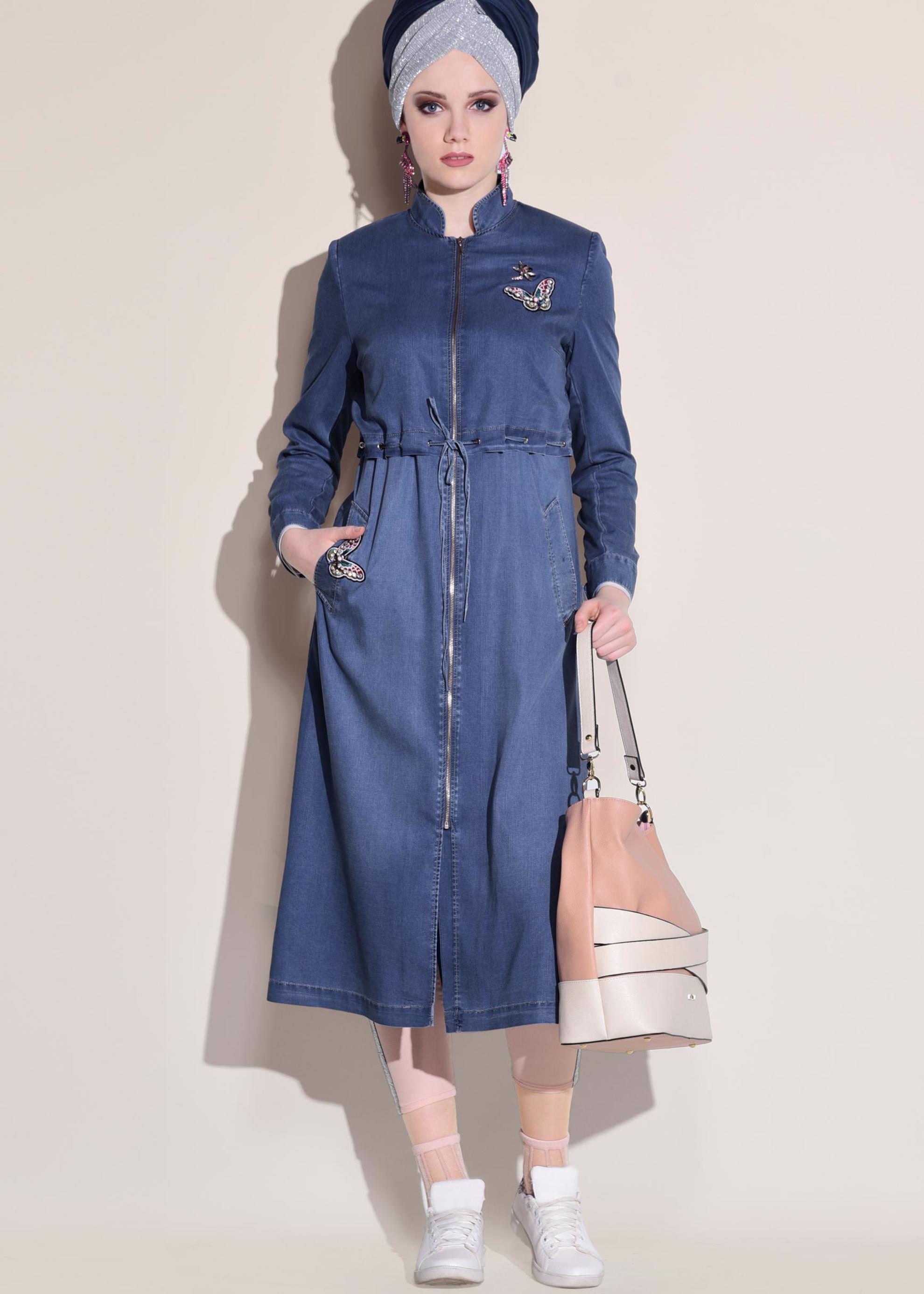 Tesettür giyim LACİVERT BELİ BÜZGÜLÜ ÖNDEN FERMUARLI DENİM TRENÇKOT 1220