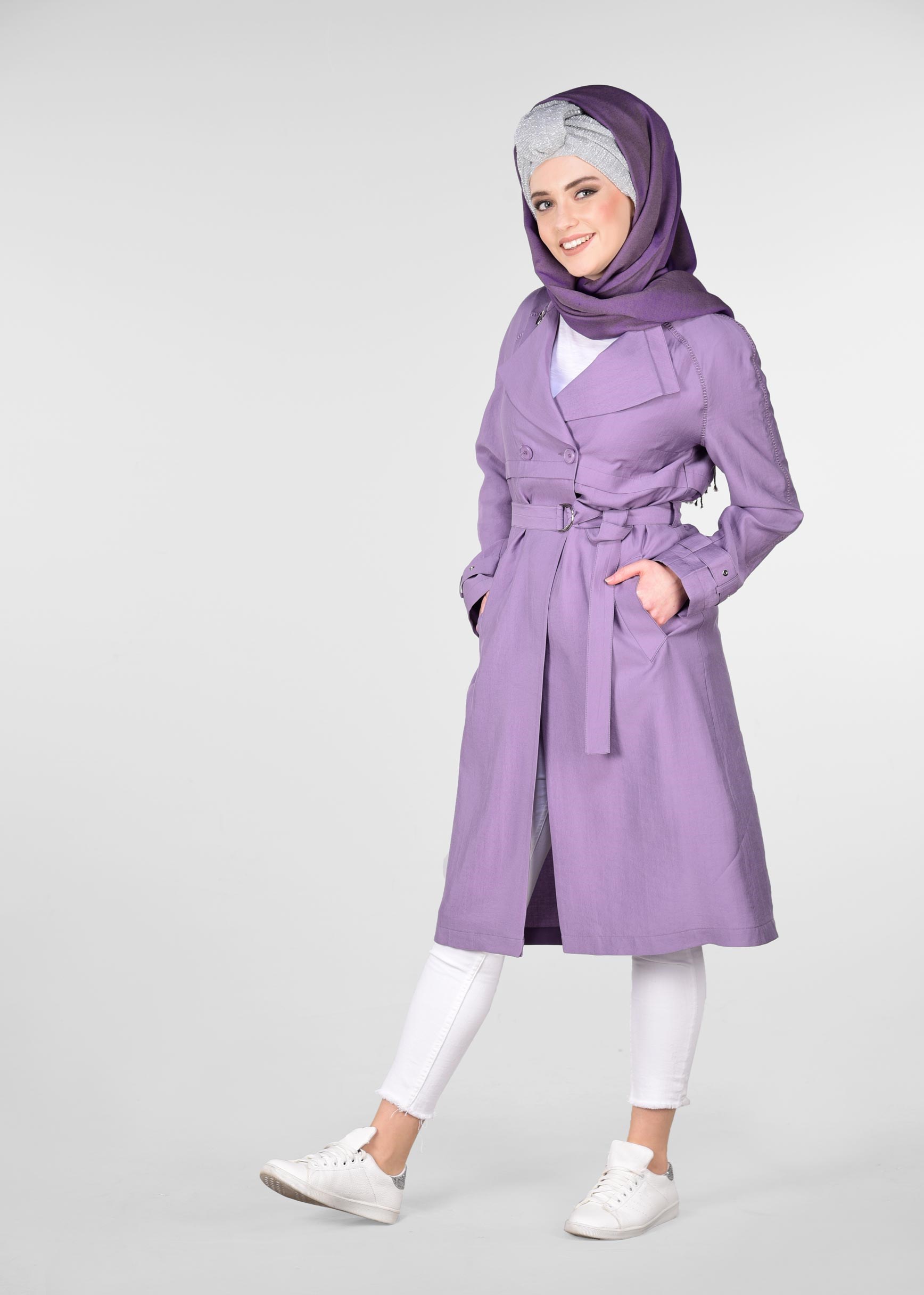 Tesettür giyim MOR KEMERLİ DÜĞMELİ TRENCH 1222 