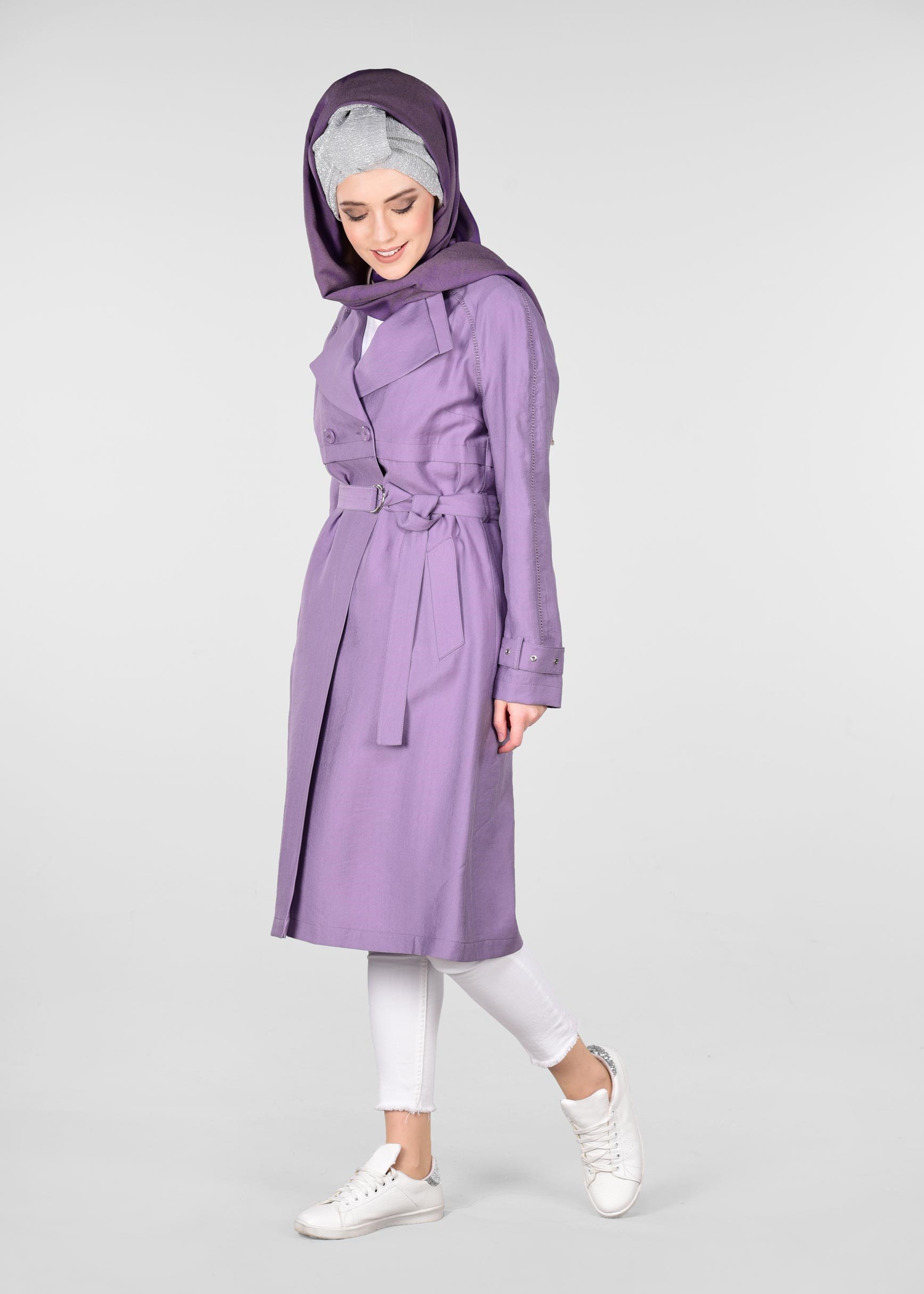 Tesettür giyim MOR KEMERLİ DÜĞMELİ TRENCH 1222 