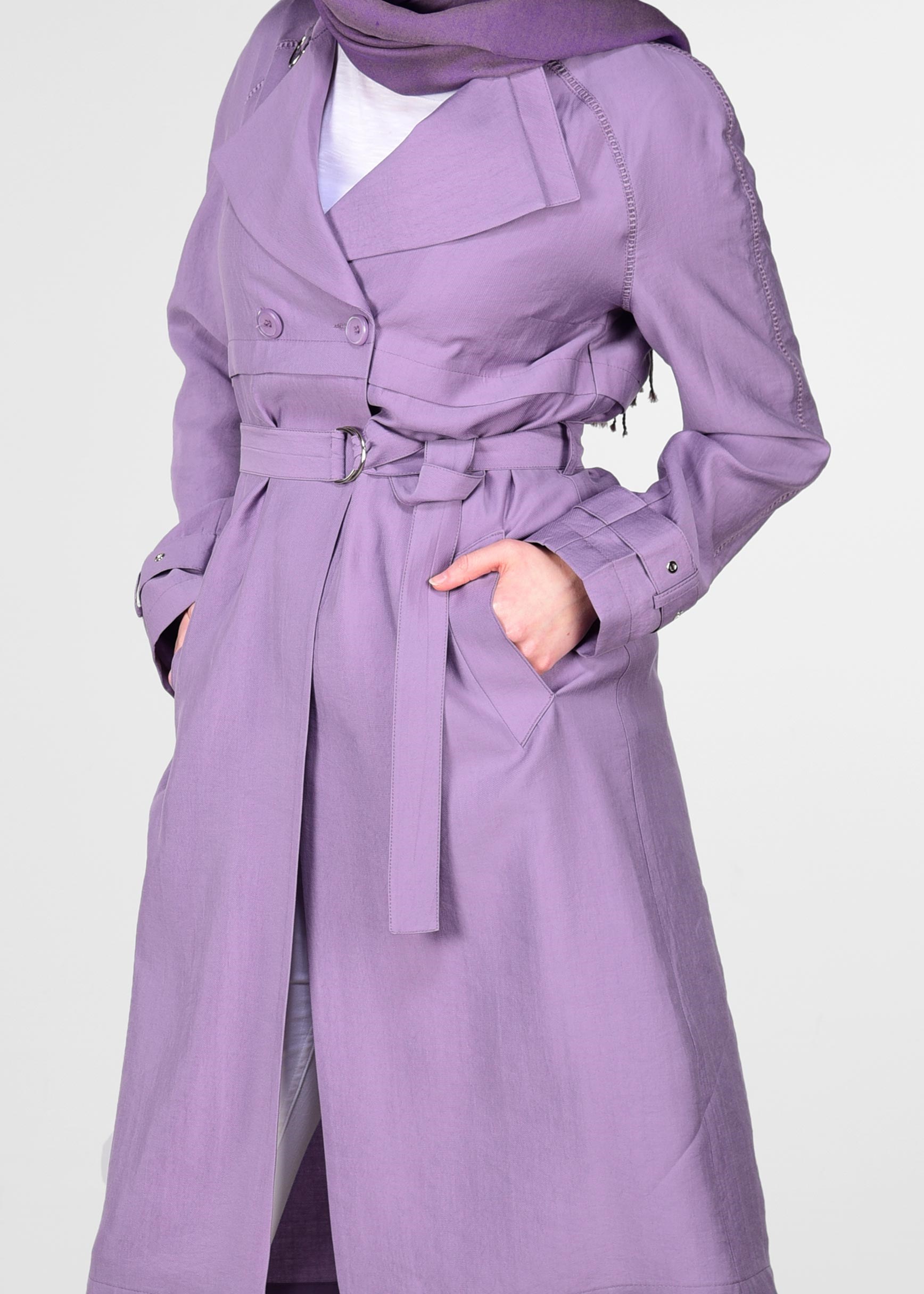 Tesettür giyim MOR KEMERLİ DÜĞMELİ TRENCH 1222 