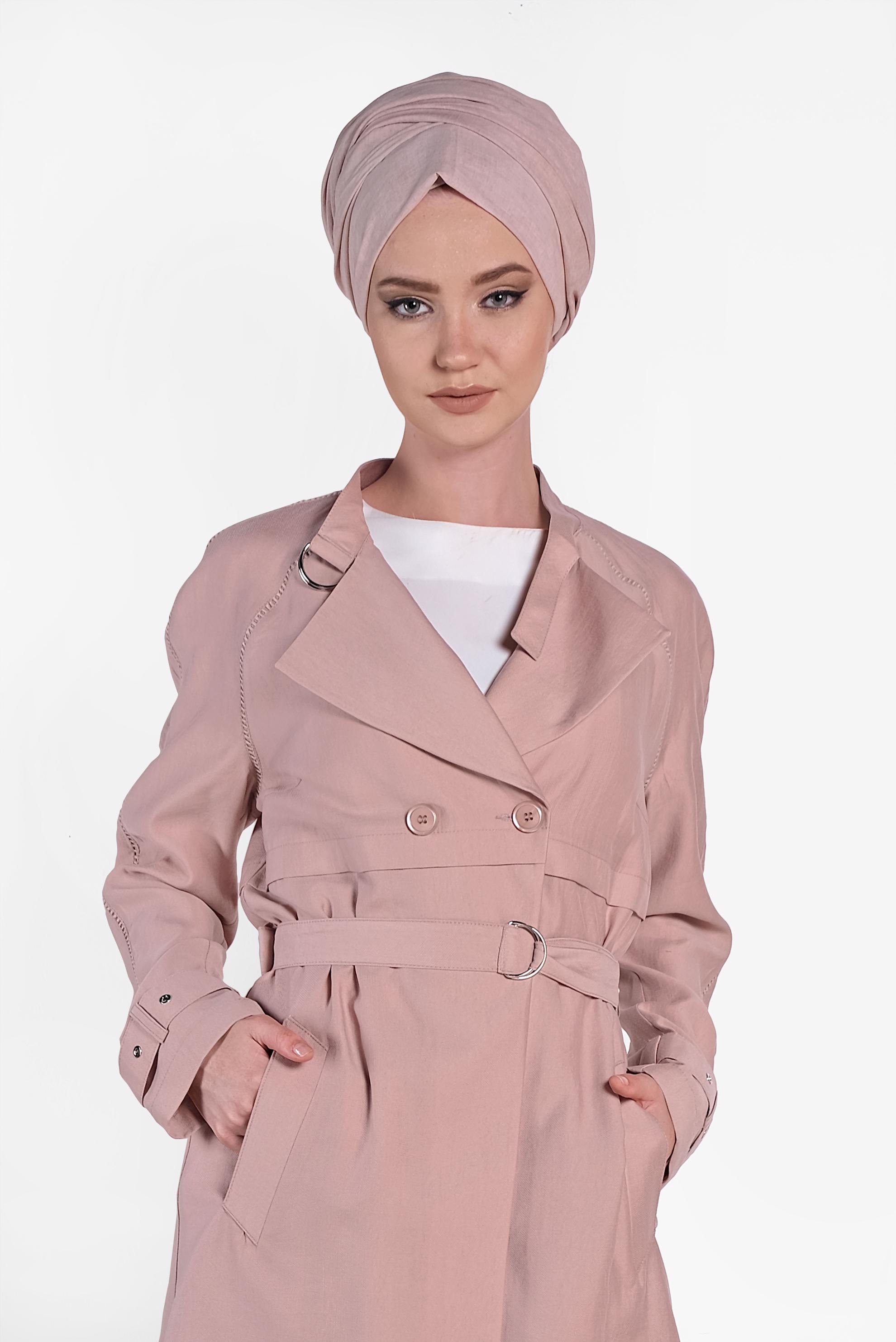 Tesettür giyim PUDRA KEMERLİ DÜĞMELİ TRENCH 1222 