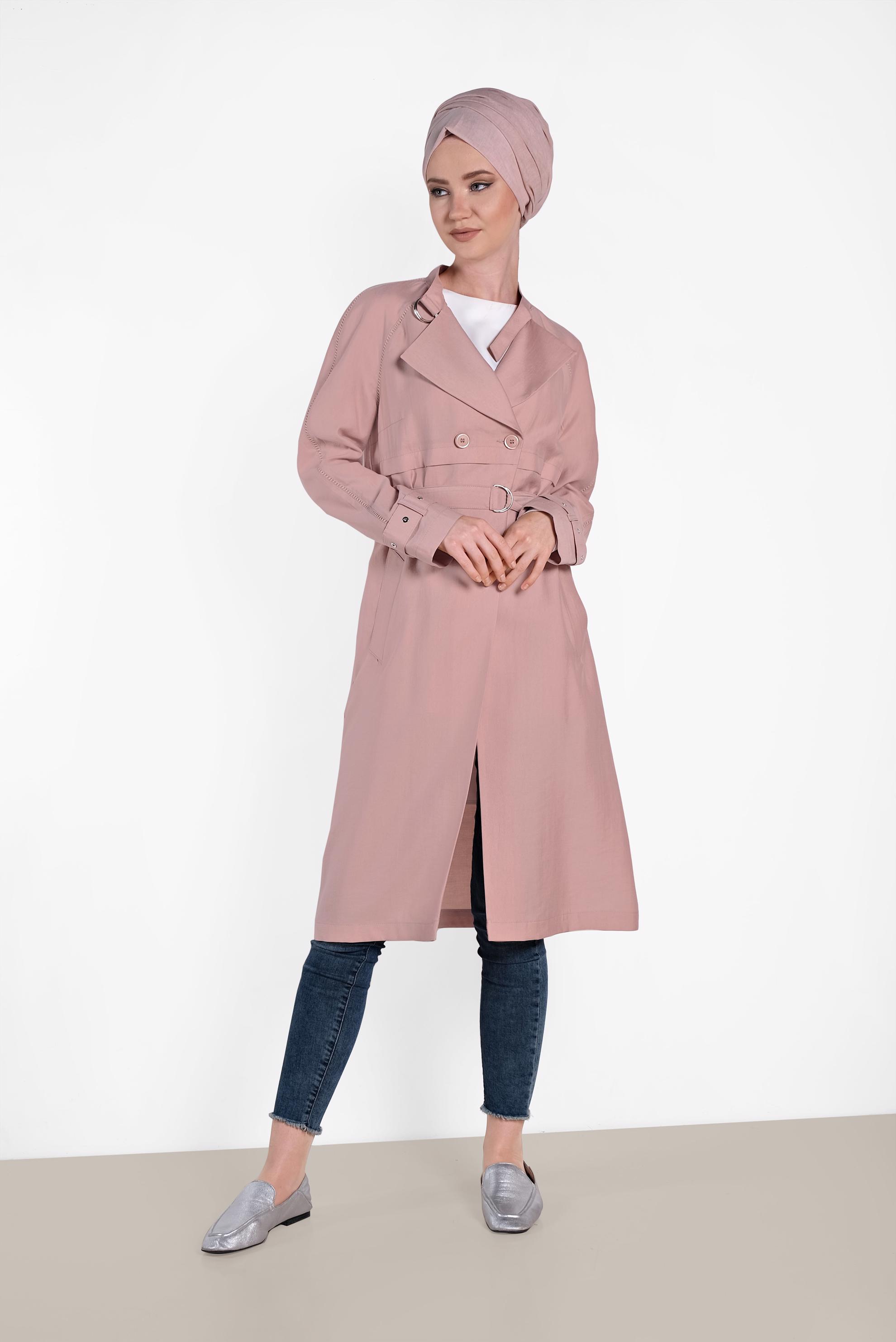 Tesettür giyim PUDRA KEMERLİ DÜĞMELİ TRENCH 1222 