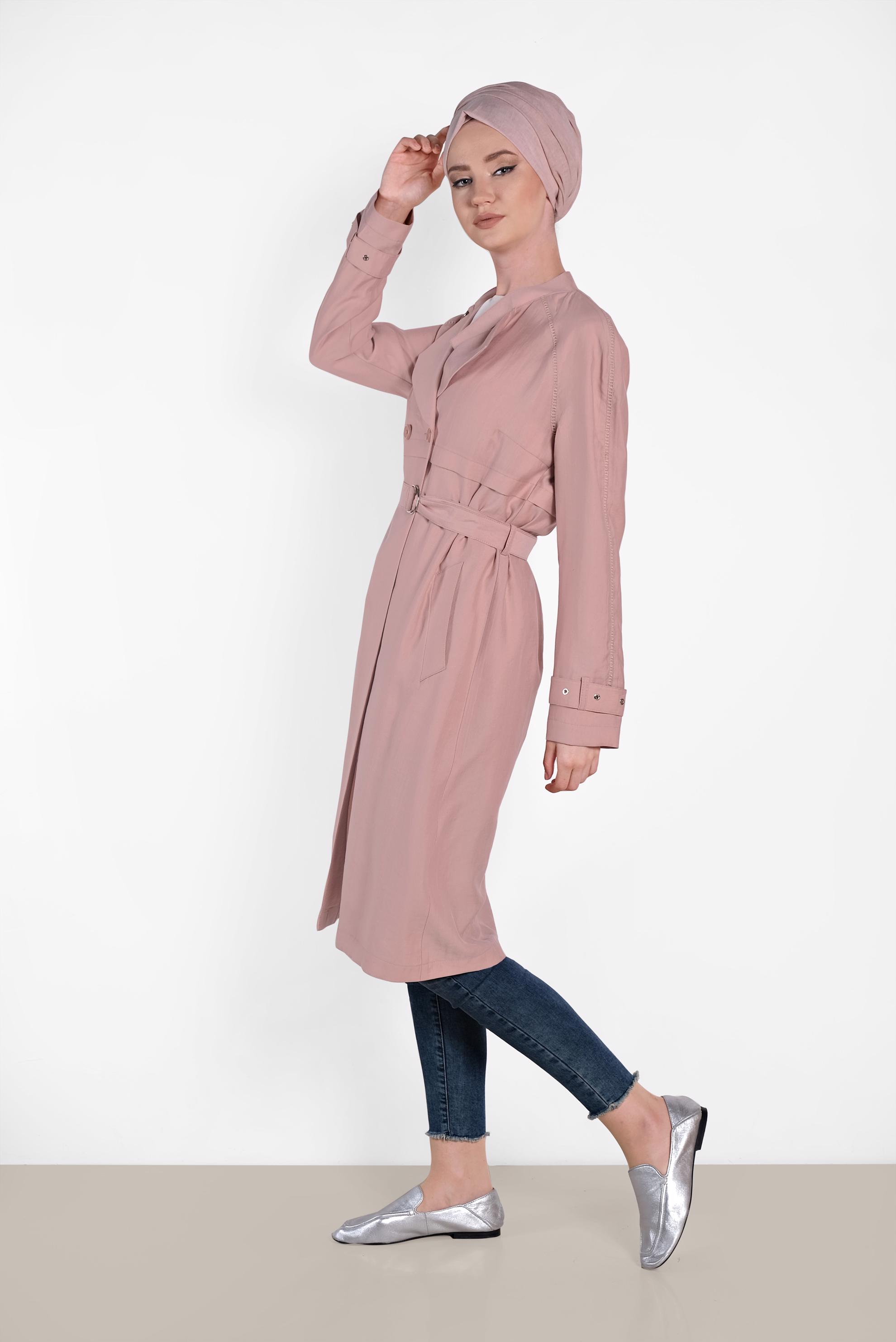 Tesettür giyim PUDRA KEMERLİ DÜĞMELİ TRENCH 1222 