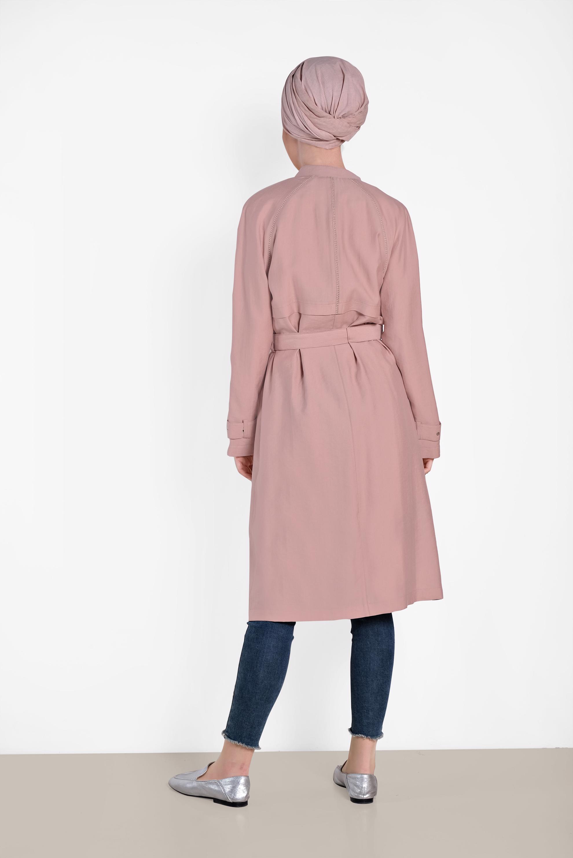 Tesettür giyim PUDRA KEMERLİ DÜĞMELİ TRENCH 1222 