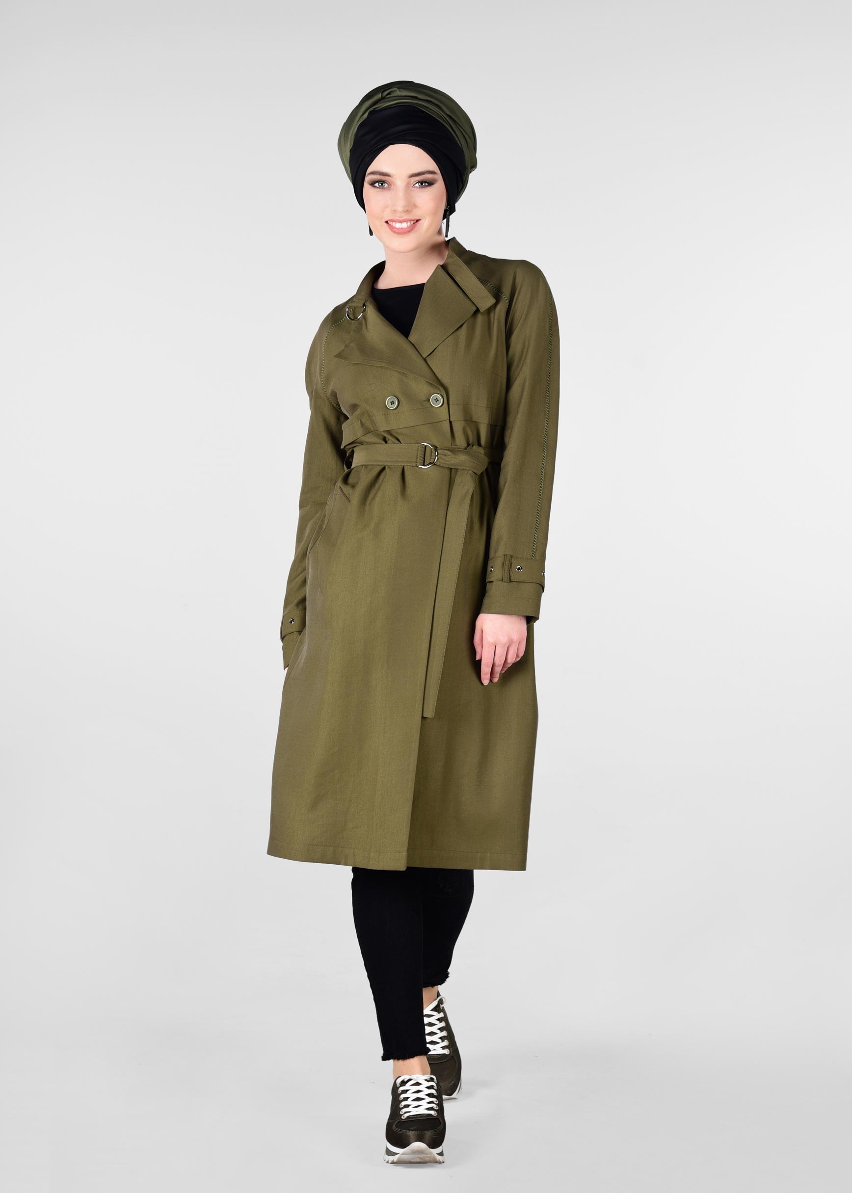 Tesettür giyim HAKİ KEMERLİ DÜĞMELİ TRENCH 1222 