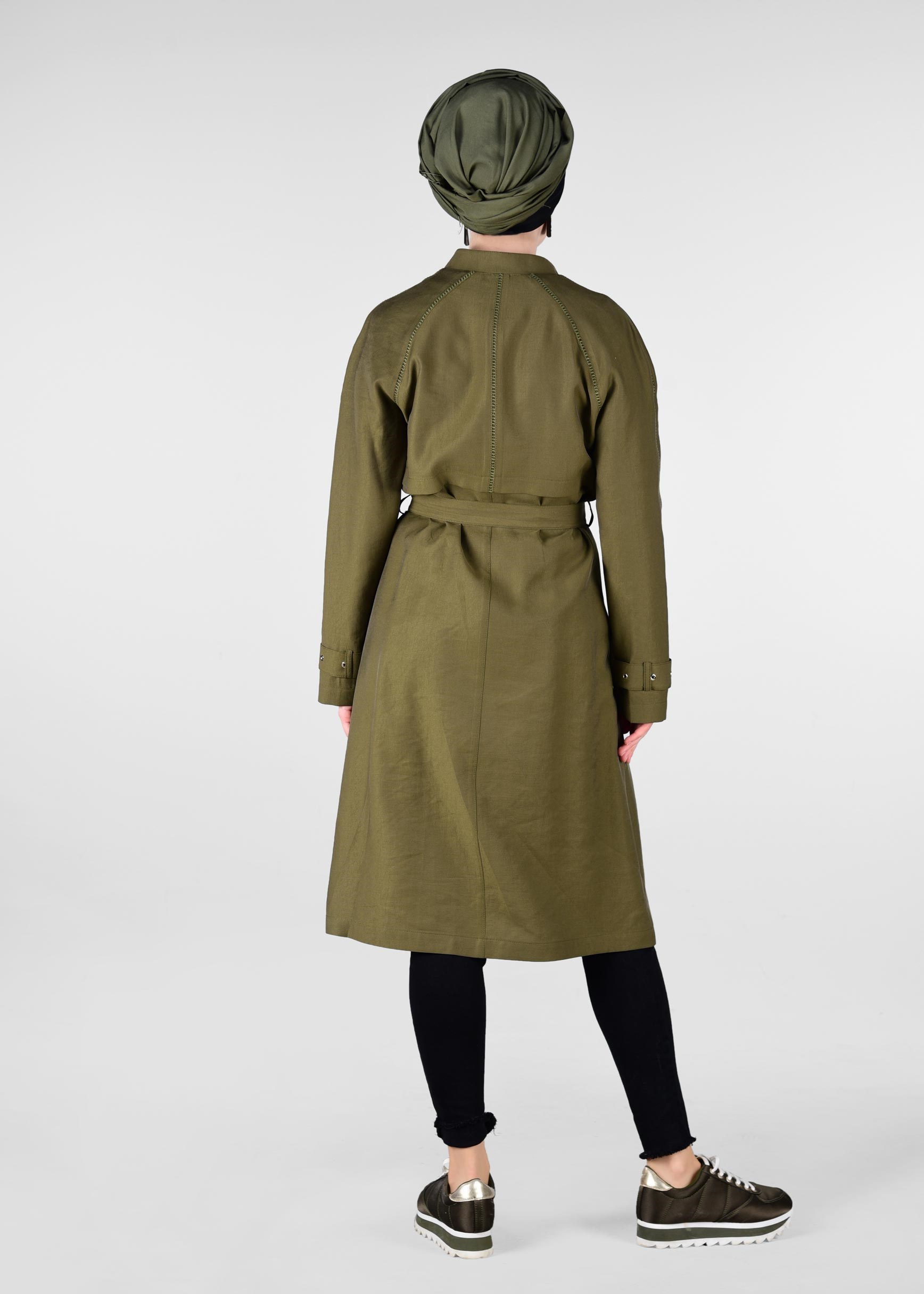 Tesettür giyim HAKİ KEMERLİ DÜĞMELİ TRENCH 1222 