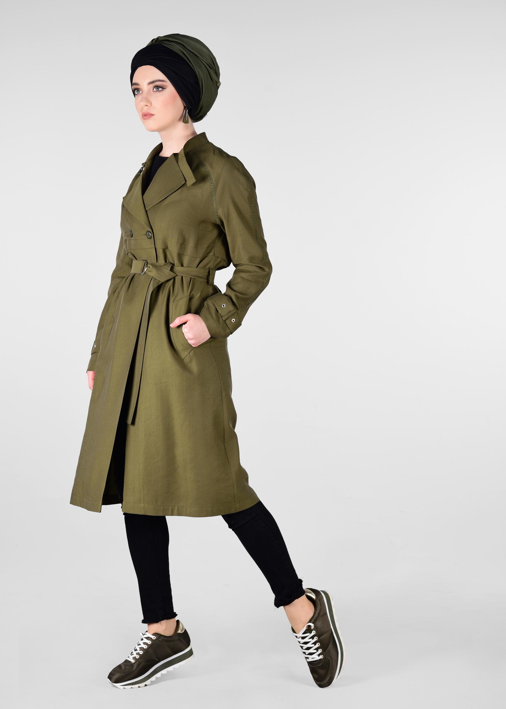 Tesettür giyim HAKİ KEMERLİ DÜĞMELİ TRENCH 1222 