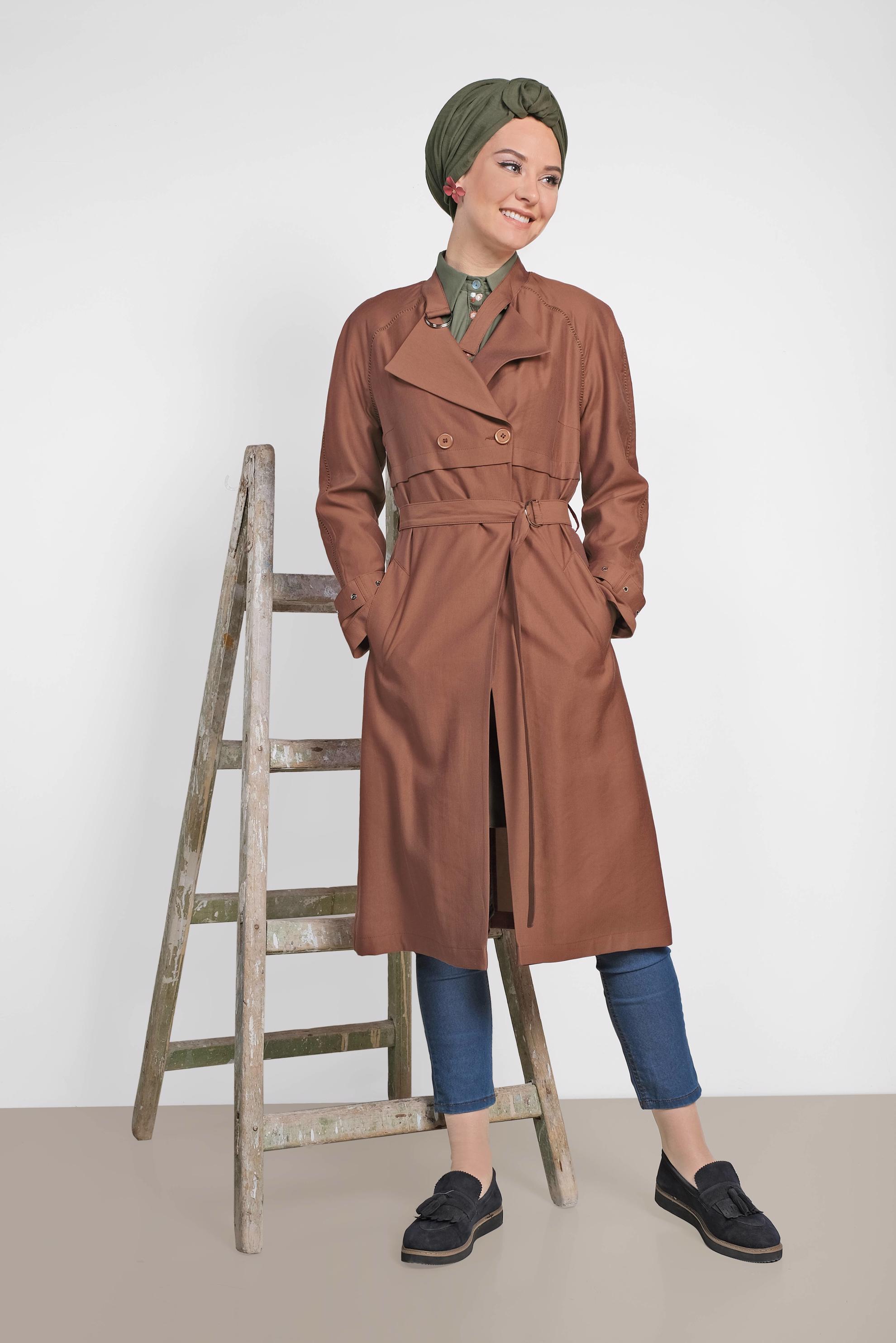 Hijab clothing BROWN BELTED WRAP TRENCH-COAT 1222 