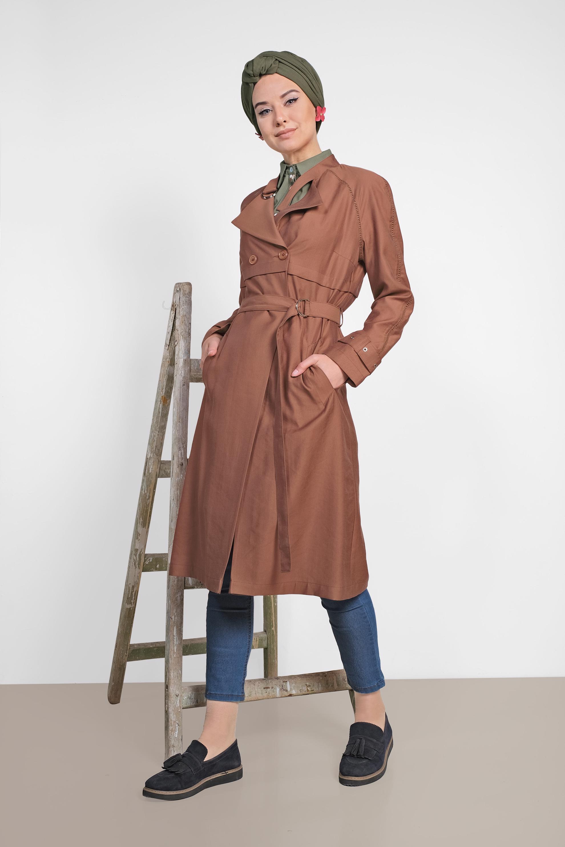 Hijab clothing BROWN BELTED WRAP TRENCH-COAT 1222 