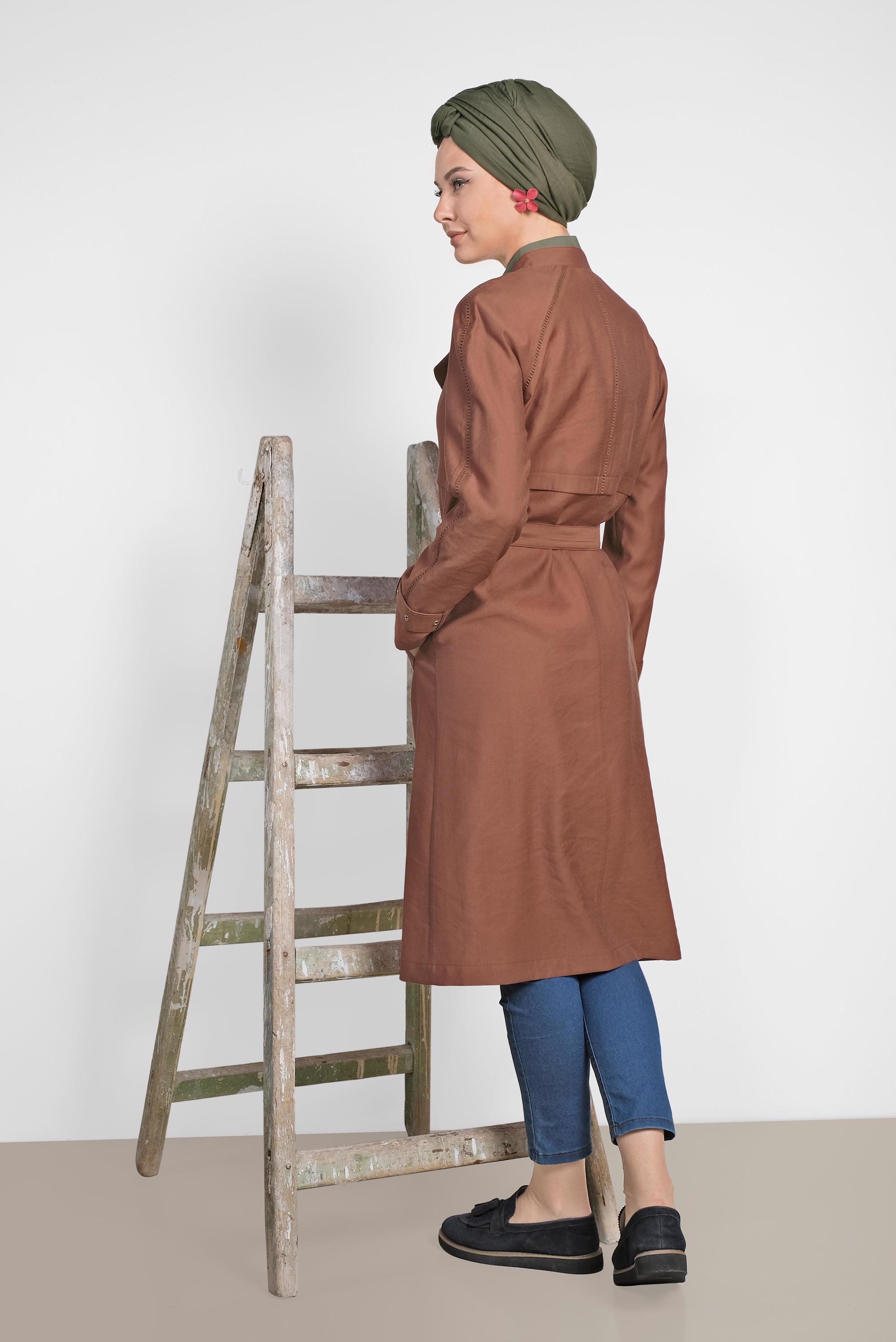 Hijab clothing BROWN BELTED WRAP TRENCH-COAT 1222 