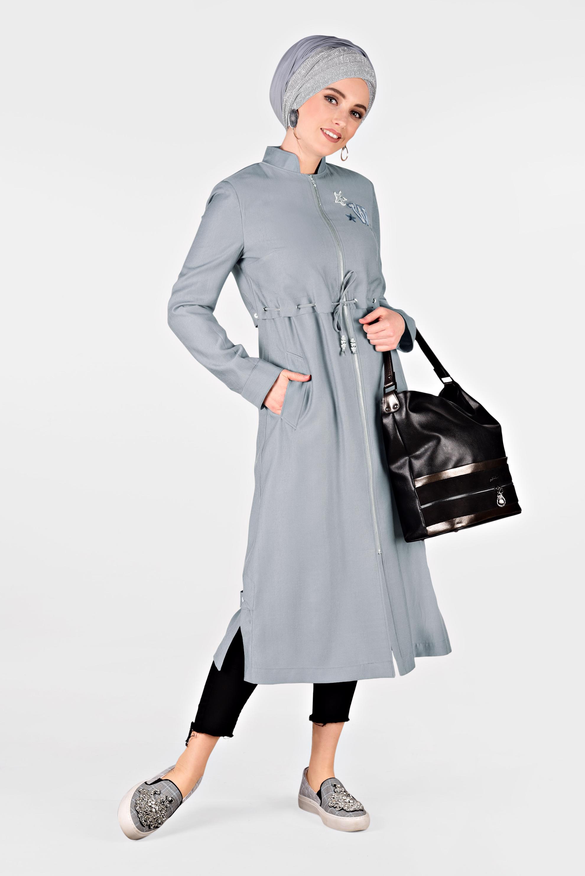 Tesettür giyim GRİ BEL KISMI LASTİKLİ HAKİM YAKA TRENÇKOT 1223