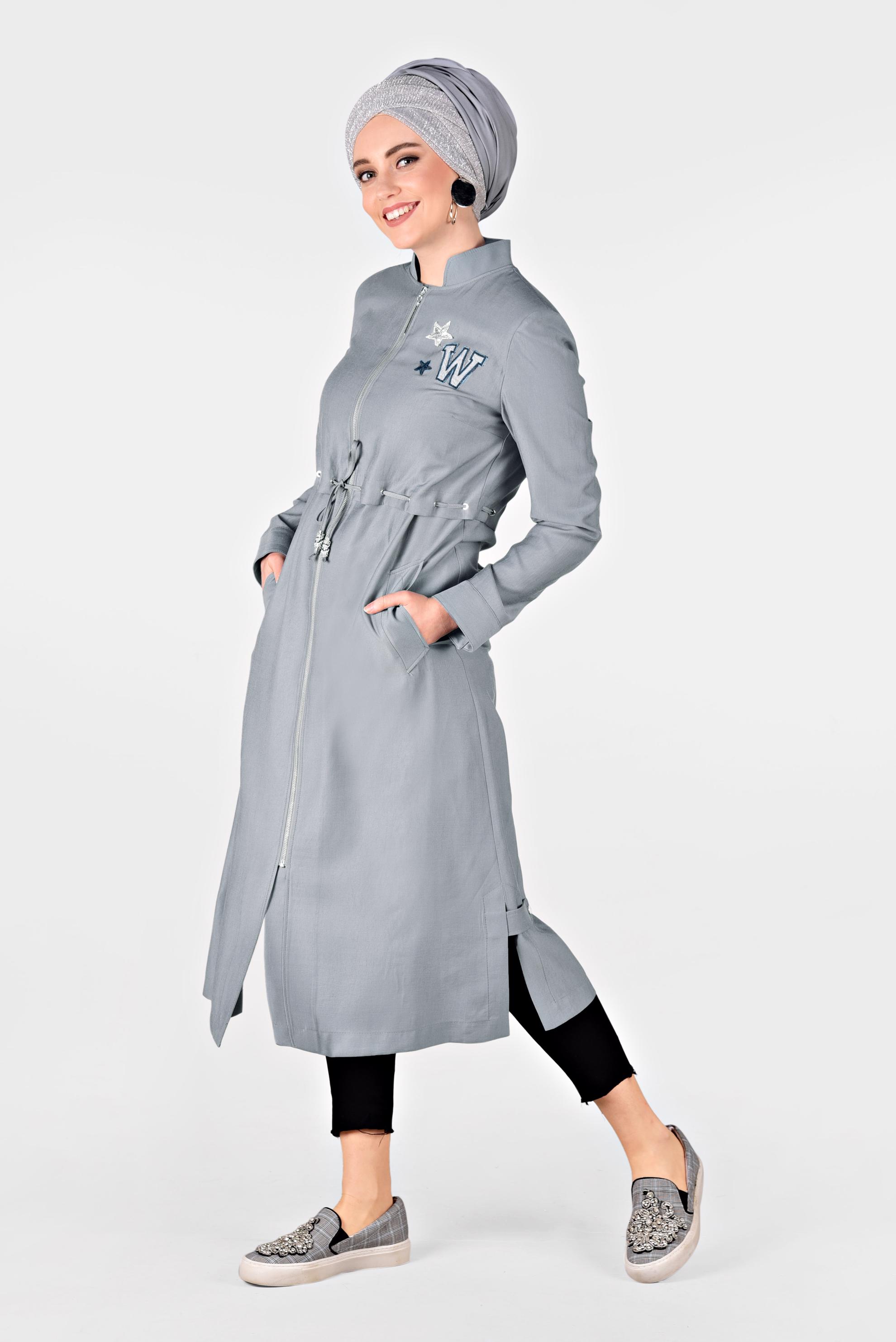 Tesettür giyim GRİ BEL KISMI LASTİKLİ HAKİM YAKA TRENÇKOT 1223