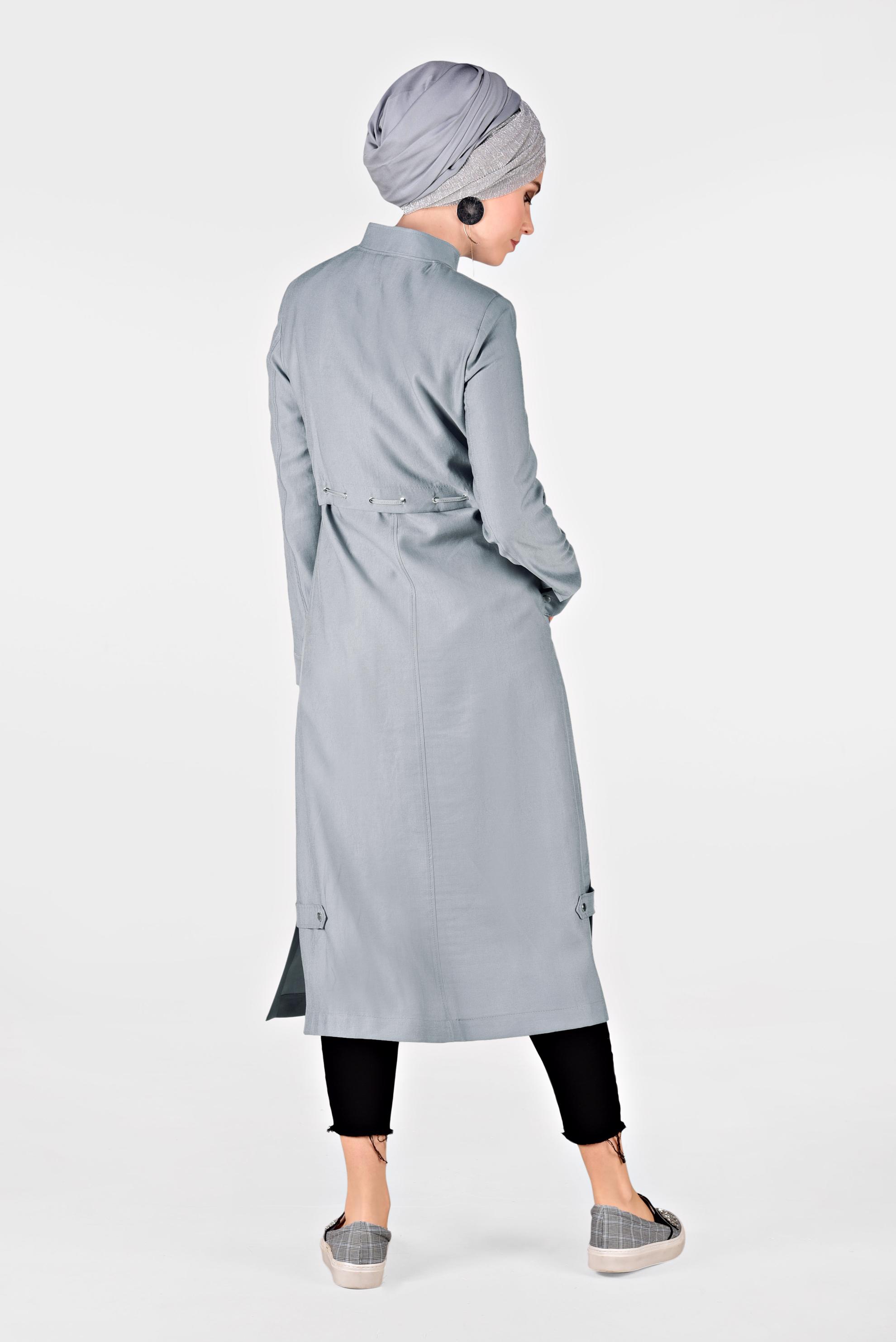 Tesettür giyim GRİ BEL KISMI LASTİKLİ HAKİM YAKA TRENÇKOT 1223