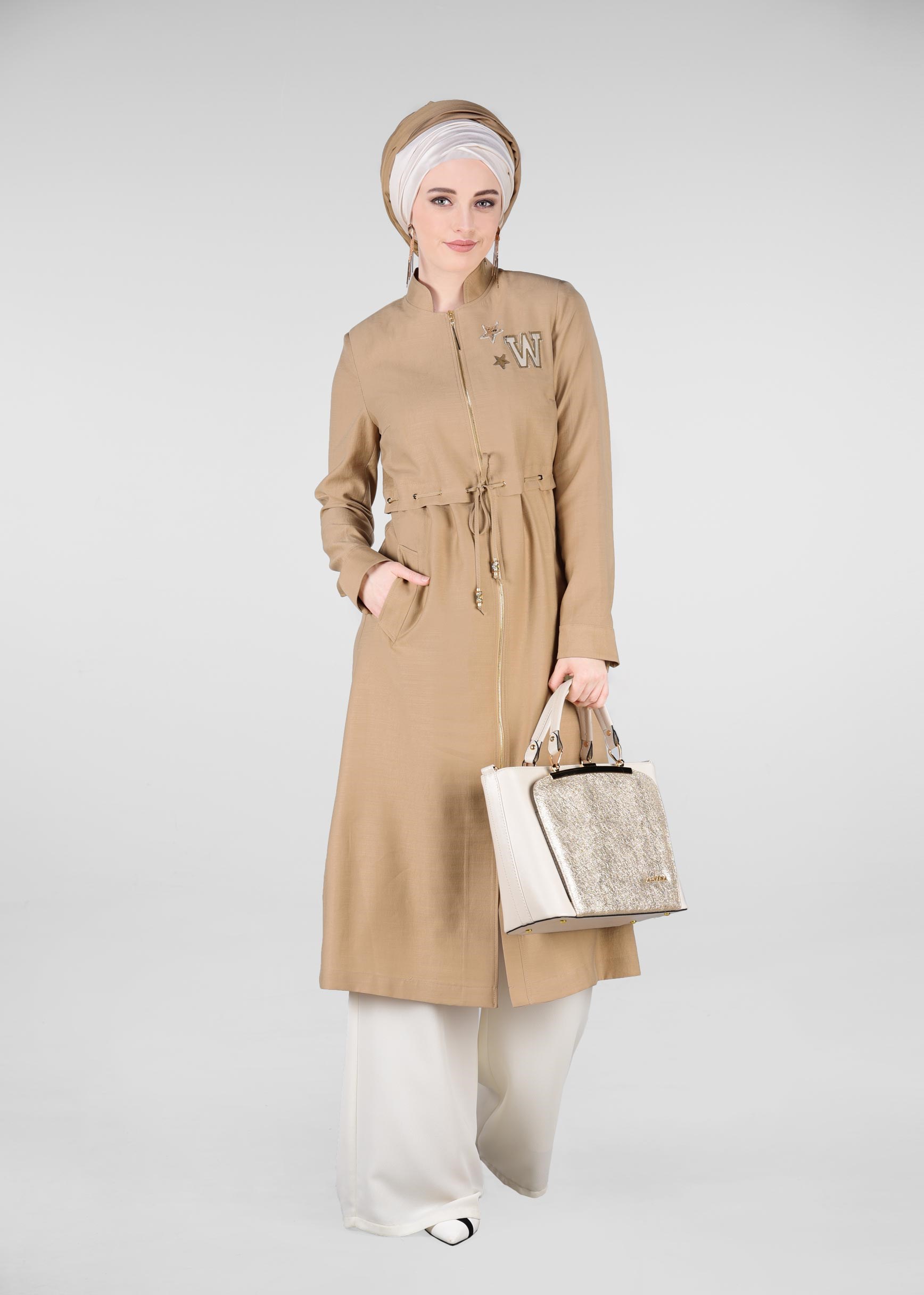 Tesettür giyim KAHVE BEL KISMI LASTİKLİ HAKİM YAKA TRENÇKOT 1223