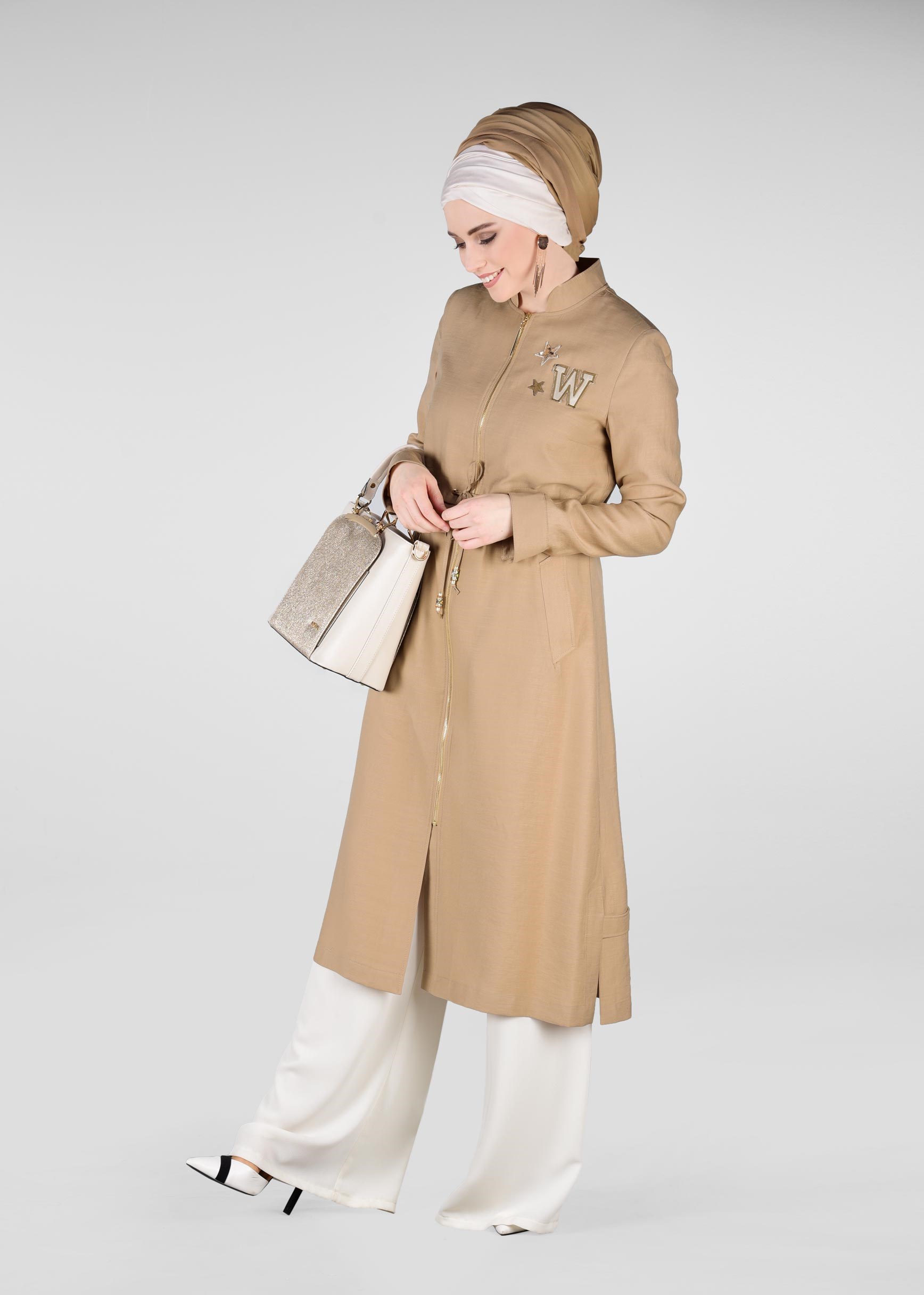 Tesettür giyim KAHVE BEL KISMI LASTİKLİ HAKİM YAKA TRENÇKOT 1223