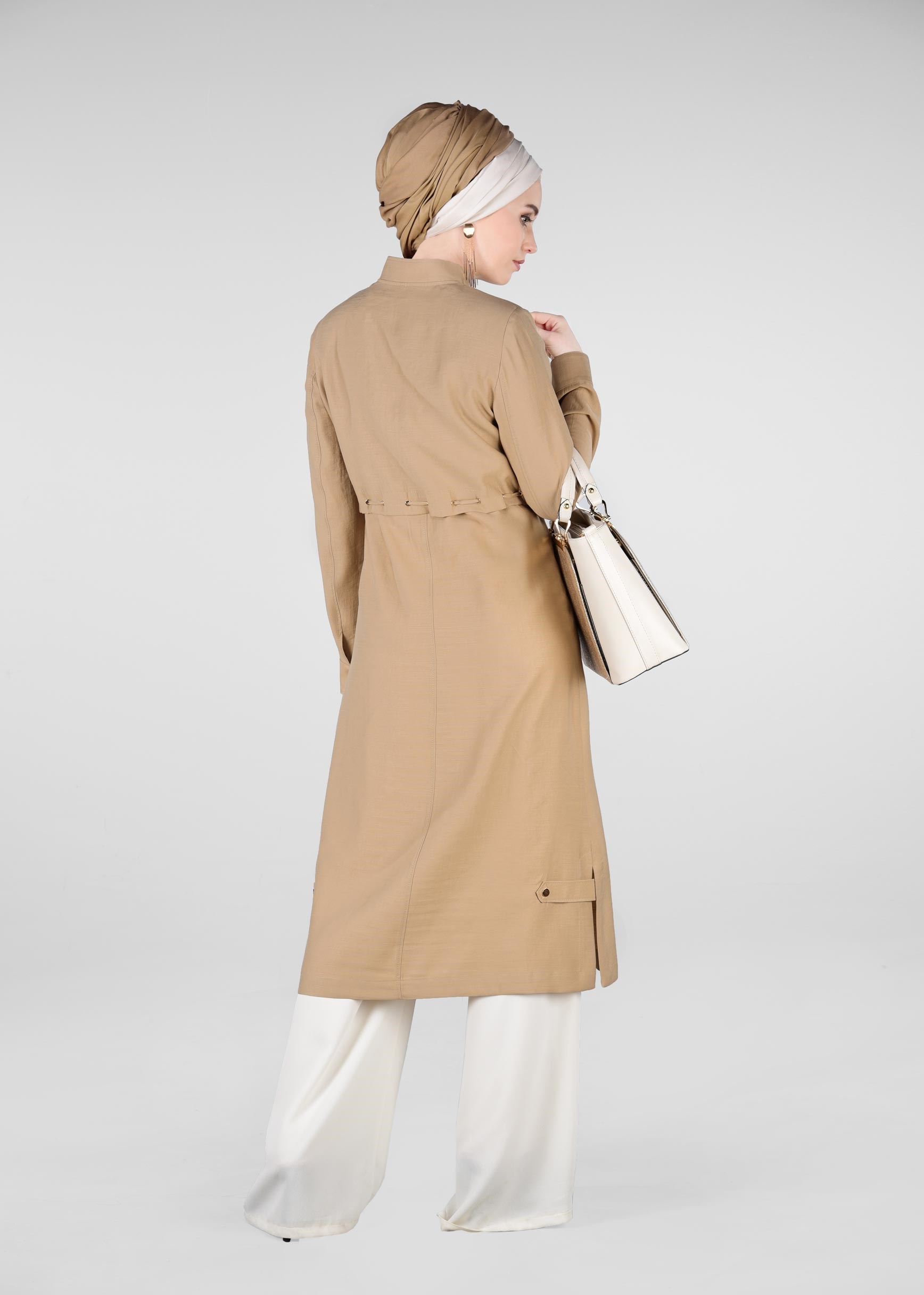 Tesettür giyim KAHVE BEL KISMI LASTİKLİ HAKİM YAKA TRENÇKOT 1223