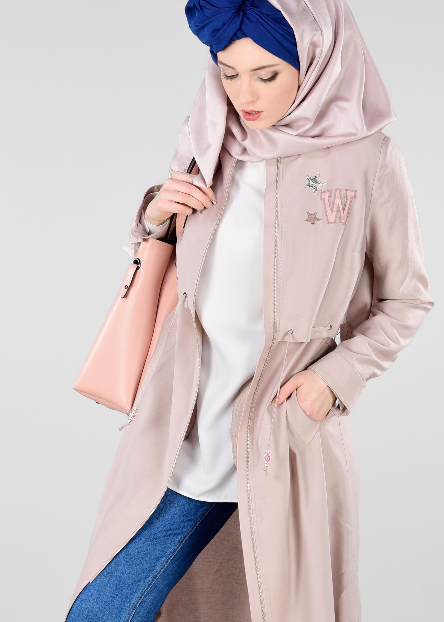 Tesettür giyim PUDRA BEL KISMI LASTİKLİ HAKİM YAKA TRENÇKOT 1223