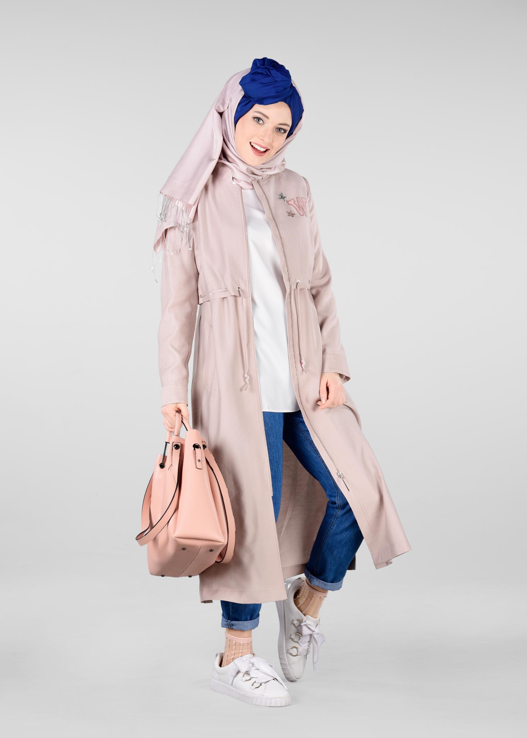 Tesettür giyim PUDRA BEL KISMI LASTİKLİ HAKİM YAKA TRENÇKOT 1223