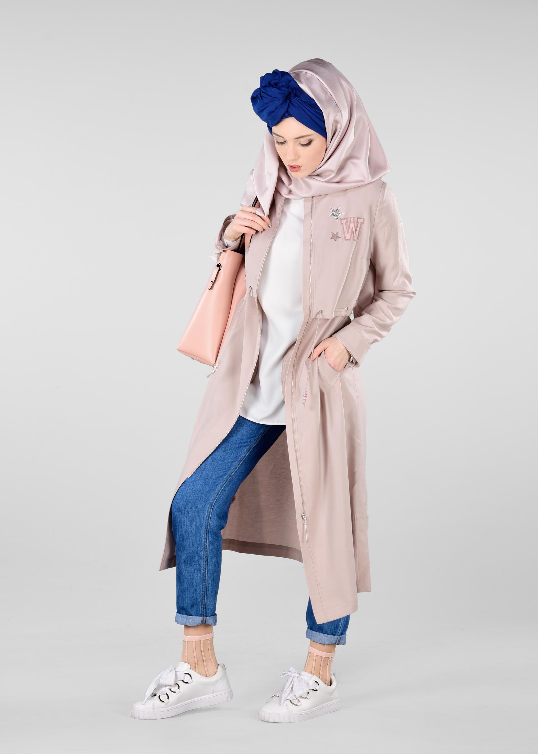 Tesettür giyim PUDRA BEL KISMI LASTİKLİ HAKİM YAKA TRENÇKOT 1223