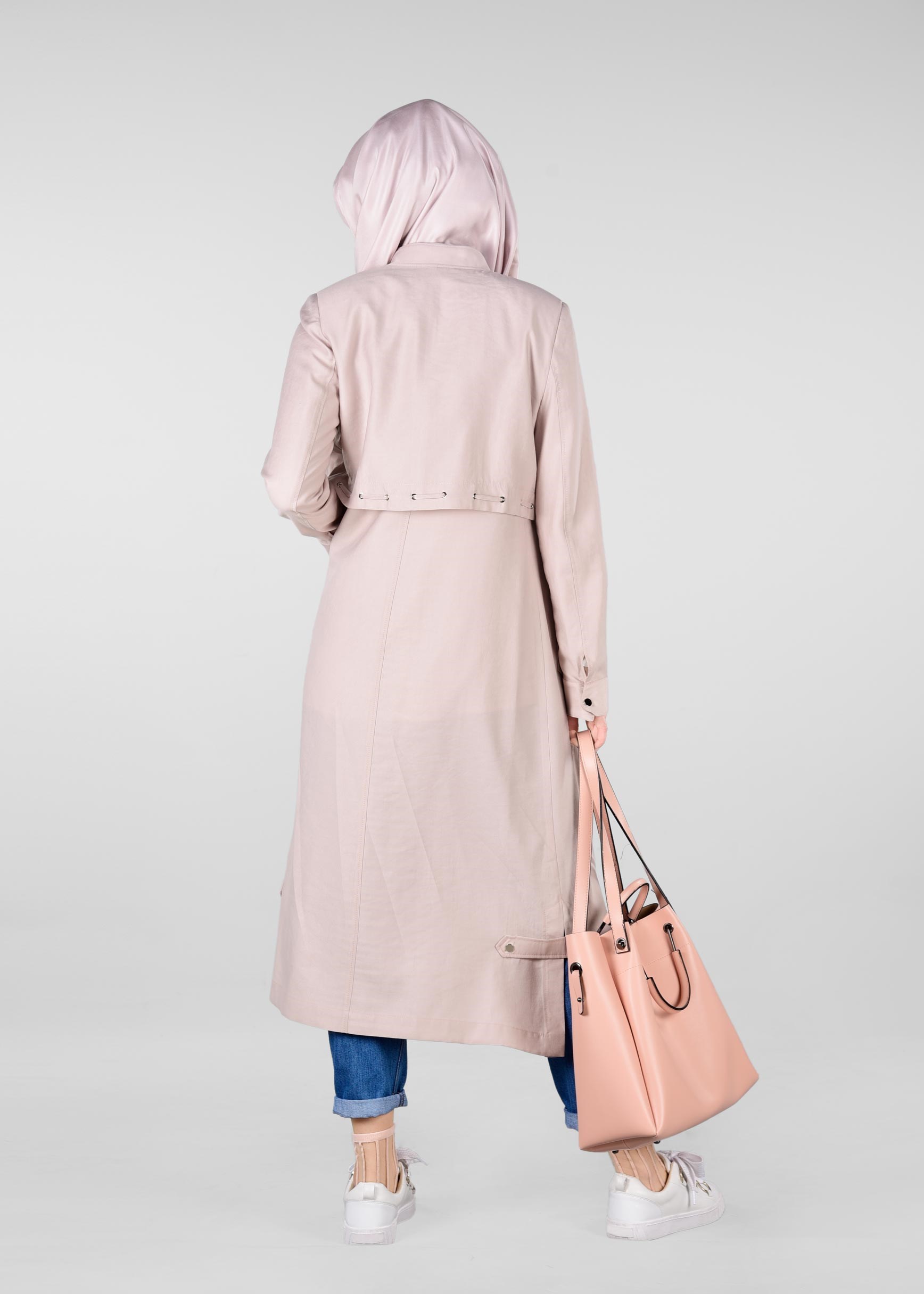 Tesettür giyim PUDRA BEL KISMI LASTİKLİ HAKİM YAKA TRENÇKOT 1223