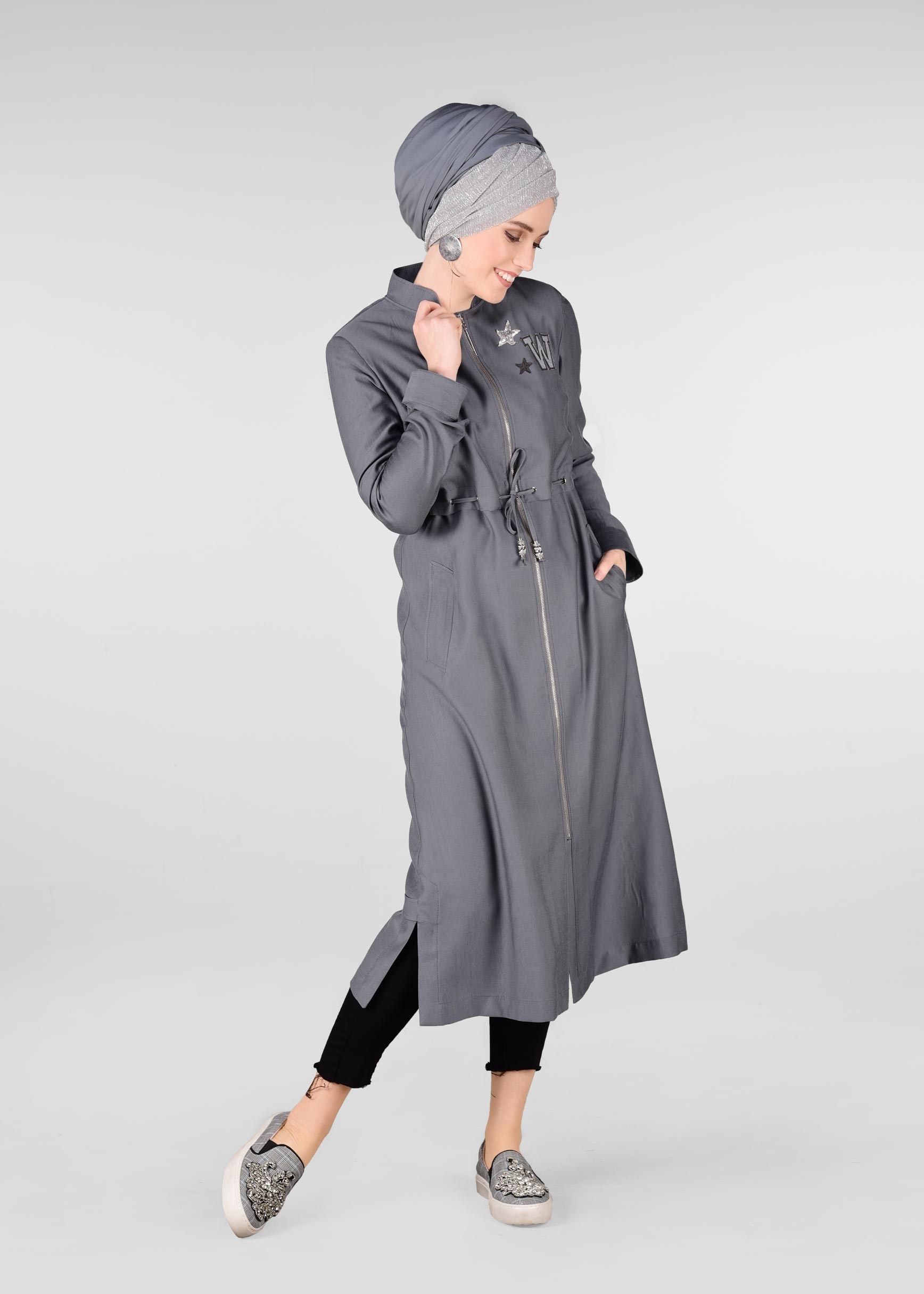 Tesettür giyim GRİ BEL KISMI LASTİKLİ HAKİM YAKA TRENÇKOT 1223