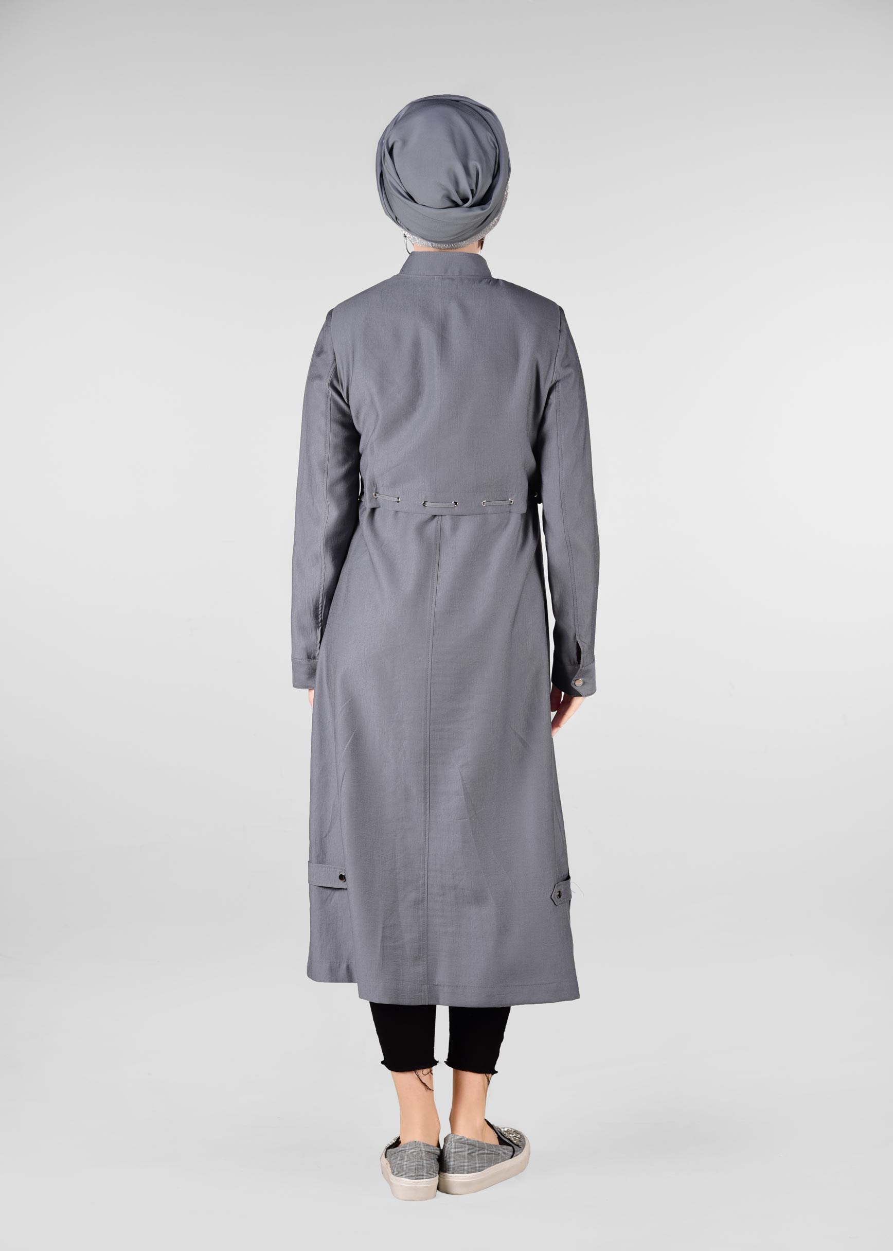 Tesettür giyim GRİ BEL KISMI LASTİKLİ HAKİM YAKA TRENÇKOT 1223