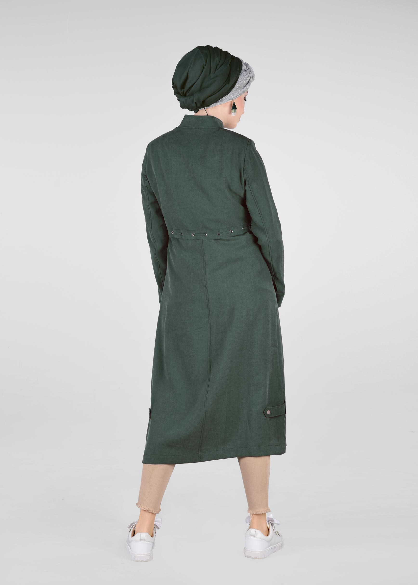 Tesettür giyim YEŞİL BEL KISMI LASTİKLİ HAKİM YAKA TRENÇKOT 1223