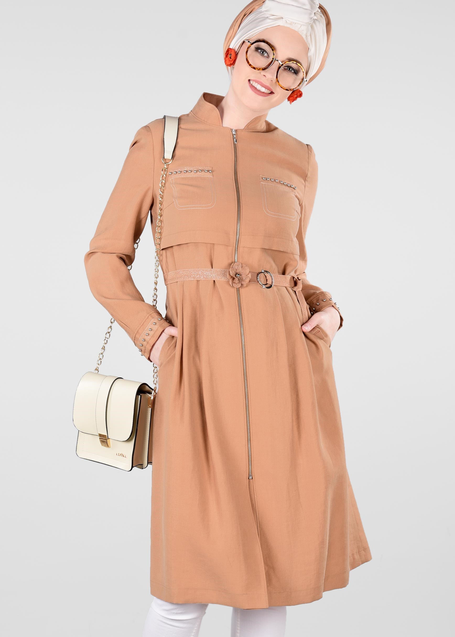 Hijab clothing ORANGE BELTED PEARLED TRENCH-COAT 1232 