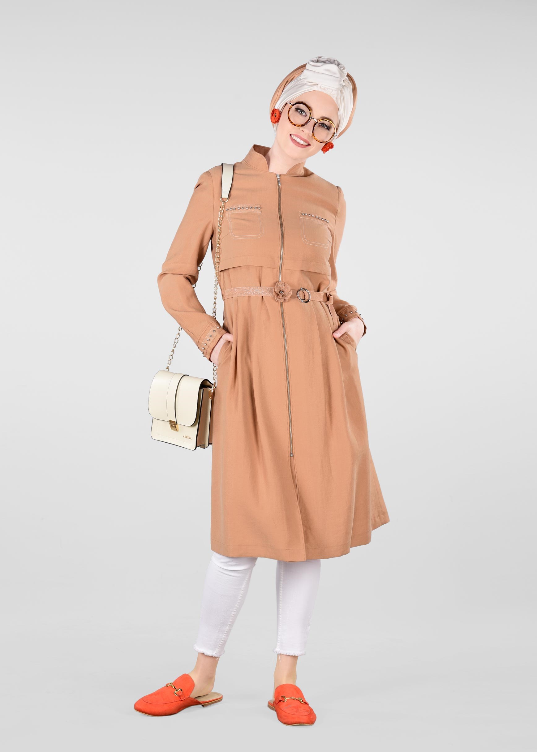 Hijab clothing ORANGE BELTED PEARLED TRENCH-COAT 1232 
