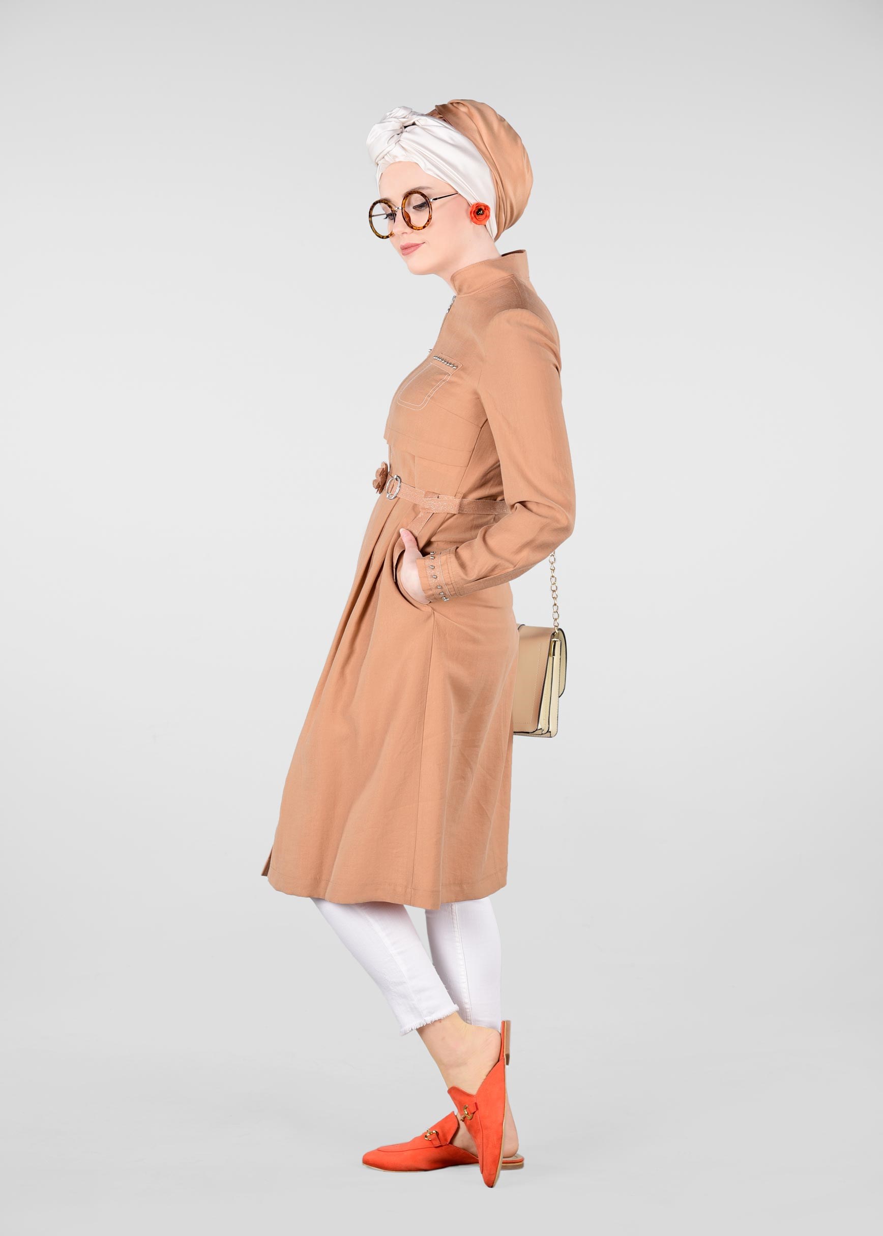 Hijab clothing ORANGE BELTED PEARLED TRENCH-COAT 1232 